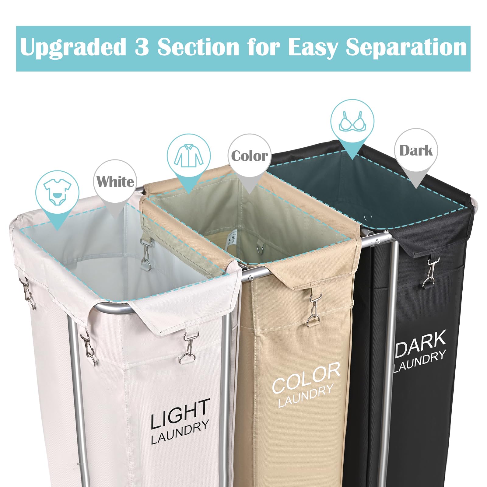 Plkow Laundry Sorter 3 Section, 220L Large Laundry Cart With Wheels 3 Hamper Laundry Sorter With Steel Frame And Removable Bag,