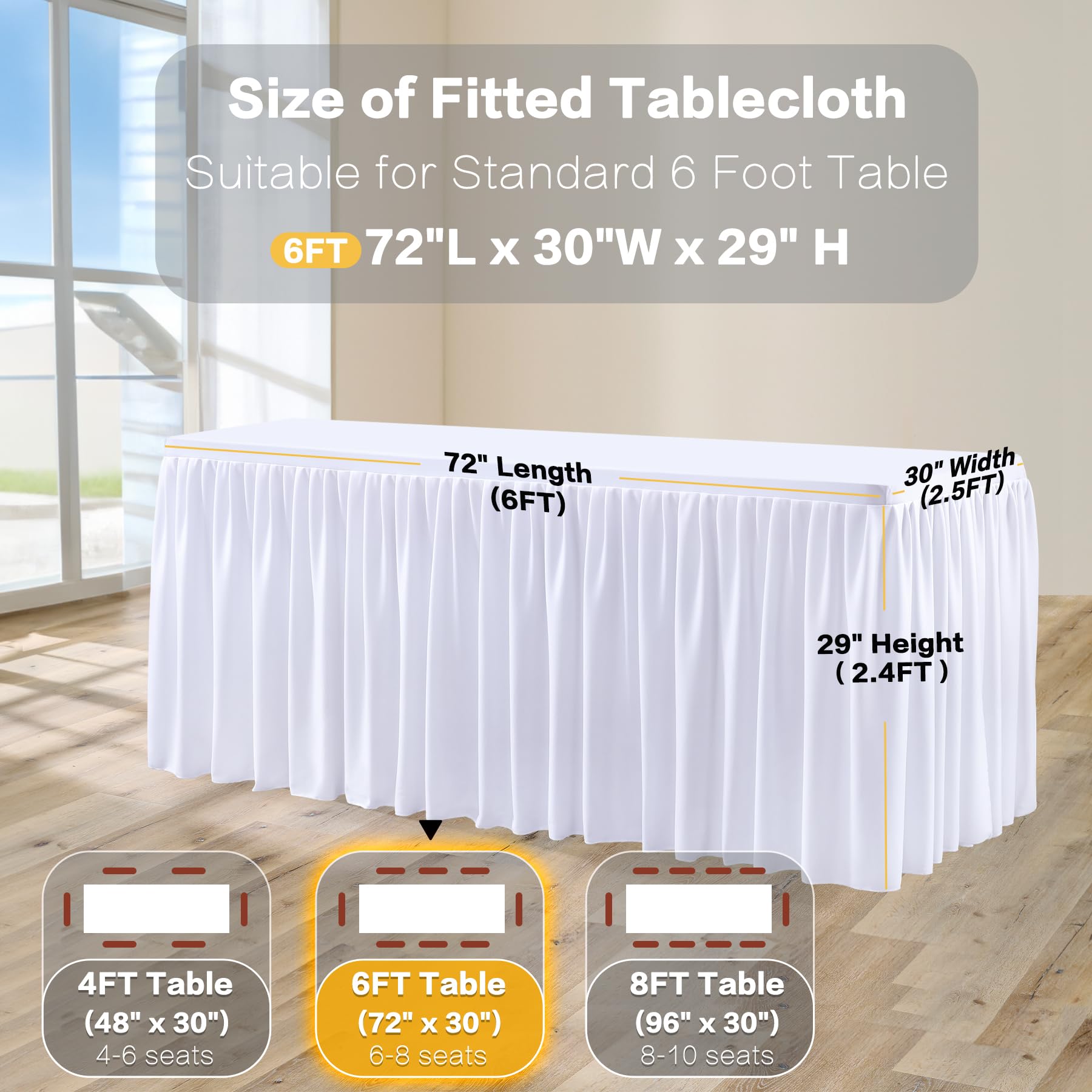 3 Pack White Polyester Table Clothes For 6 Foot Rectangle Tables, Wrinkle Free Fitted Table Cover With Pleated Ruffle Table Skir