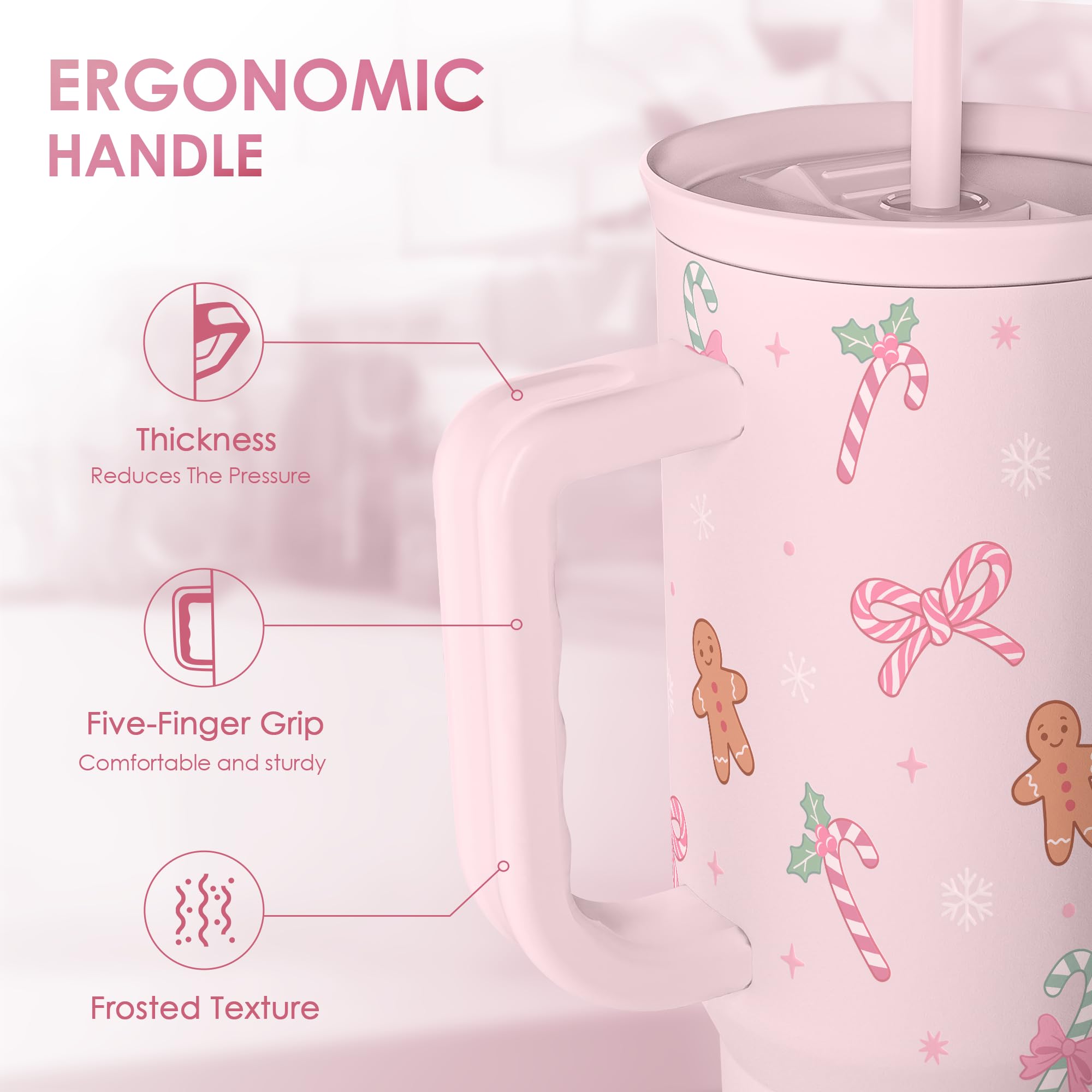 Christmas Theme 40oz Slider Tumbler with Handle and Straw - Insulated Stainless Steel Travel Coffee Mug for Women Girls, Gift fo