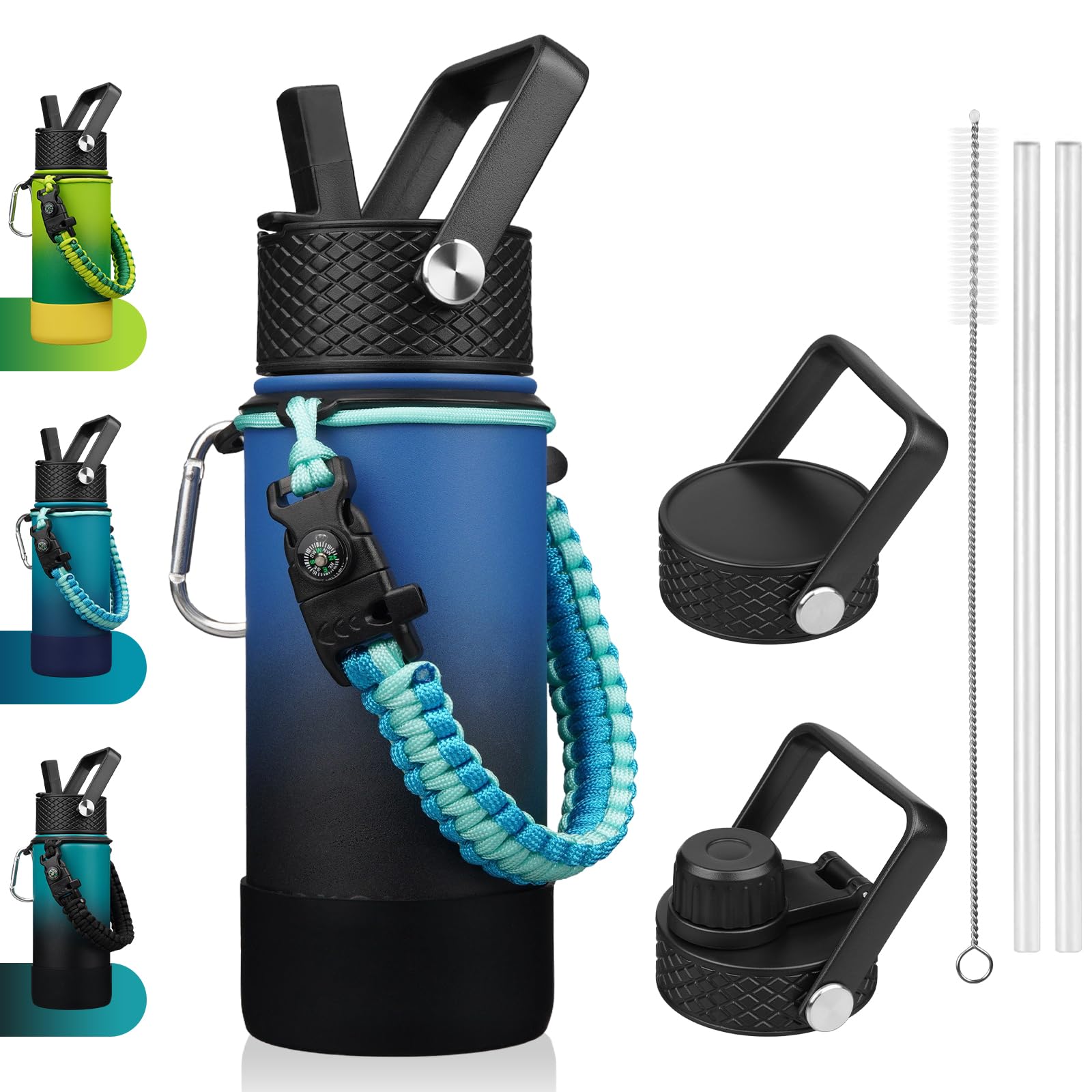 BJPKPK Water Bottle with Straw Lid, 18oz Insulated Water Bottles with 3 Lids, Paracord Handle & Non-slip Boot, Metal Stainless S