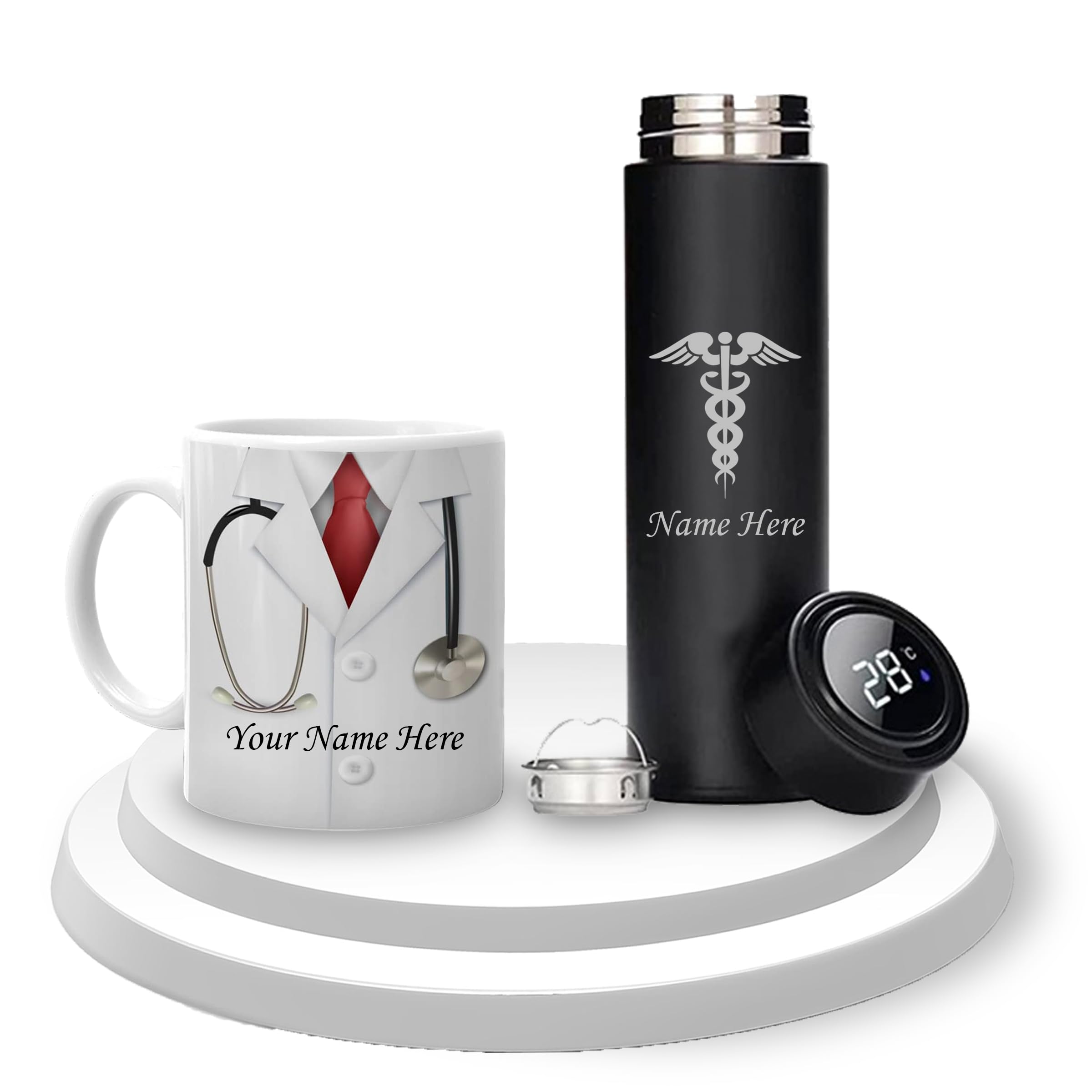 Savri Personalized DoctorS Drinkware Combo:Temp Black Bottle With Doctor Logo & Doc Theme Coffee Mug-Customized With Your Name.