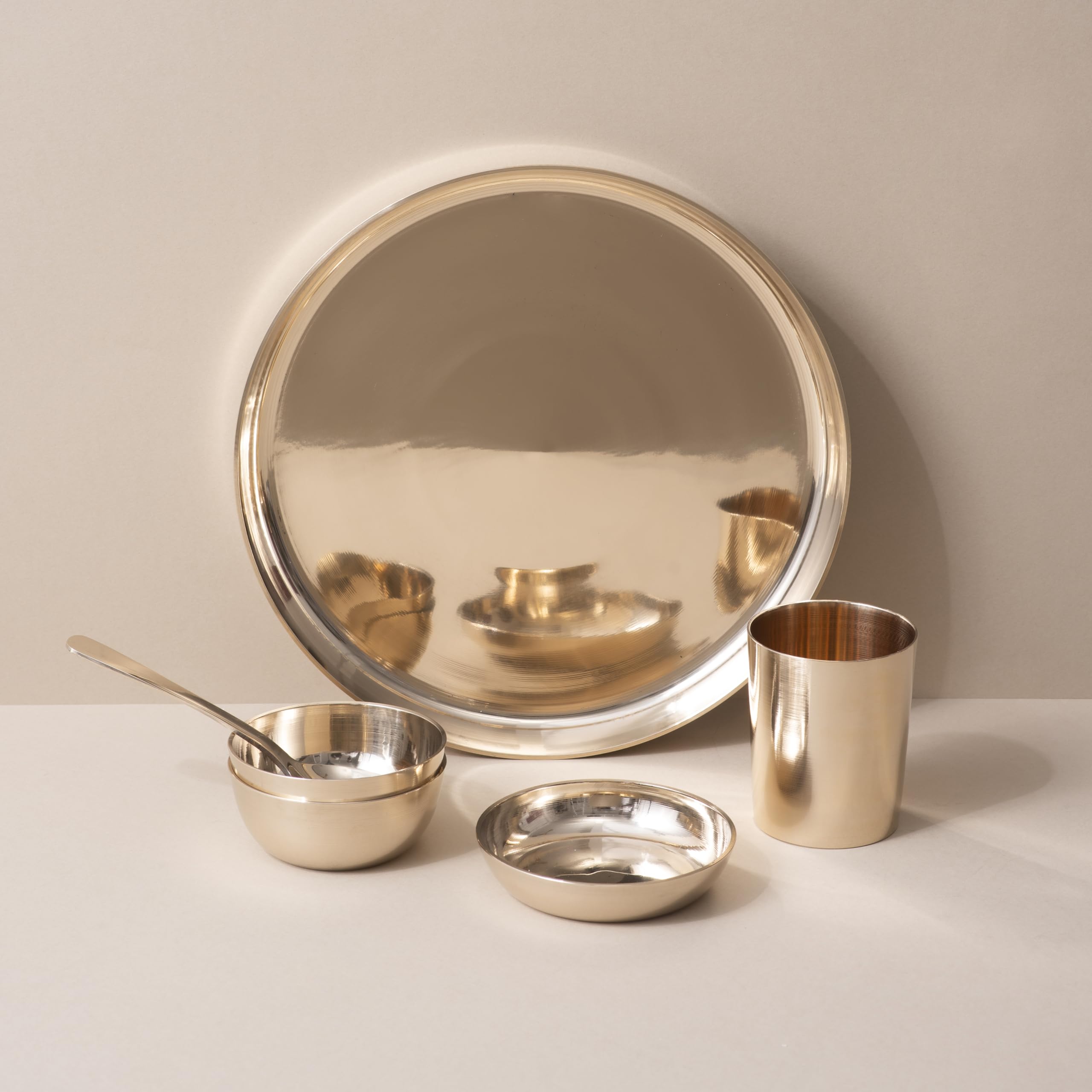 Veda Essentials. 6-Piece Kansa Dinner Set | Gloss Finish | 1 Plate (10.5 Thali, 2 Bowls, 1 Glass, 1 Sweet Dish Plate, 1 Spoon | 
