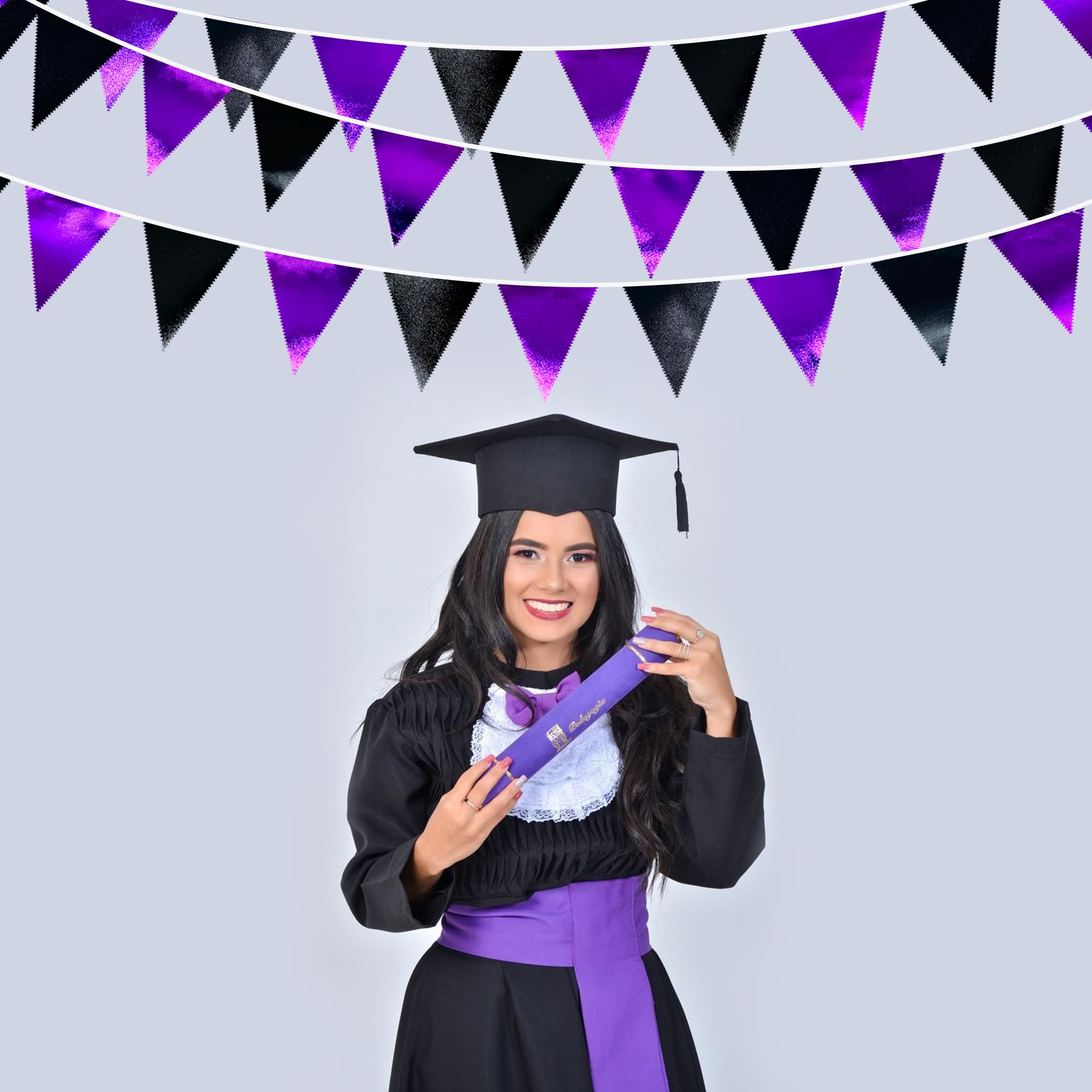Purple And Black Party Decorations Metallic Fabric Triangle Pennant Banner Flag Bunting Garland For Graduations Birthday Retirem