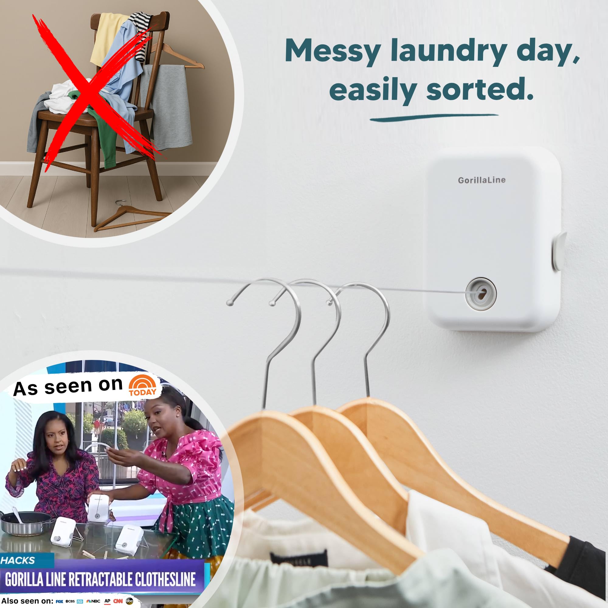 GorillaLine - Retractable Clothesline Indoor Outdoor Clothes Line | Heavy Duty Clothes Drying Laundry Line | Wall Mounted Drying Rack Clothing Line | Retracting Hanging | Features Secure Lock System