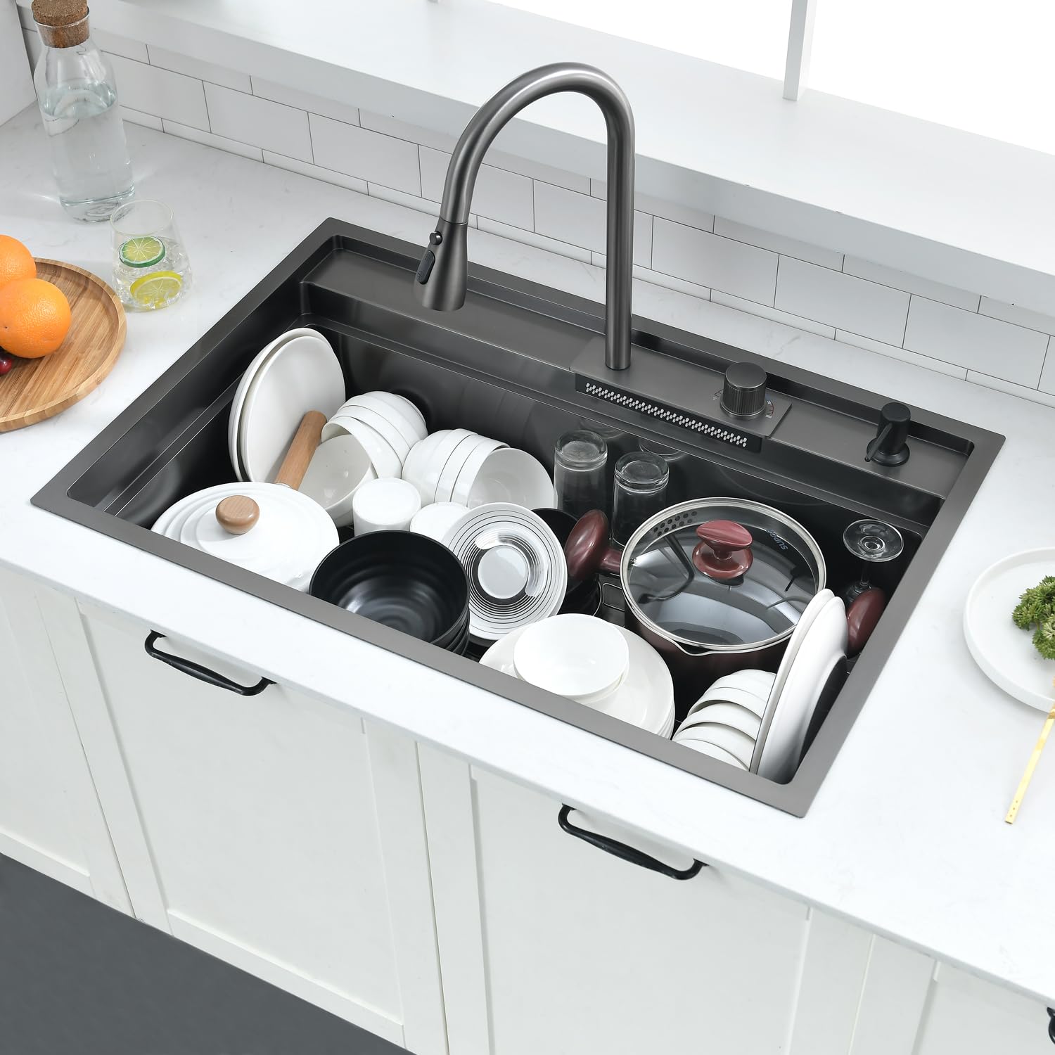 33 Inch Drop In Kitchen Sink Splash Guard Waterfall Workstation Black - Vokim 33X22-Inch Single Bowl Sink 16 Gauge Black Stainle