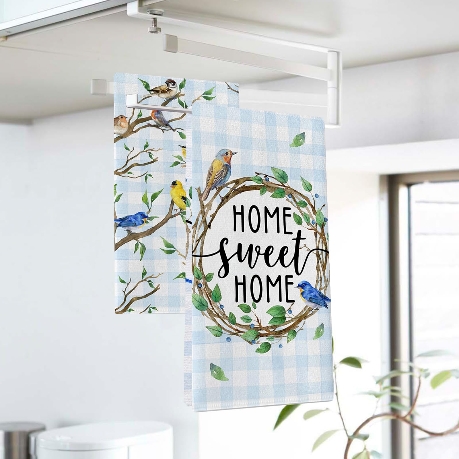 Seliem Home Sweet Home Birds Kitchen Dish Towels Set Of 2, Spring Summer Bluebird Chickadee Hand Towels Drying Baking Cooking Cl