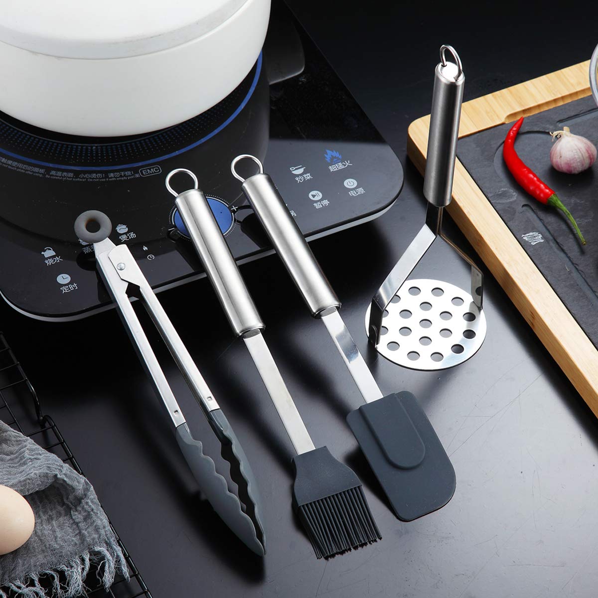 Berglander Cooking Utensil Set 12 Piece Stainless Steel Kitchen Tool Set  Include Cooking Spoon  Spatula  Whisk  Cooking Tong and etc (12 Pieces)