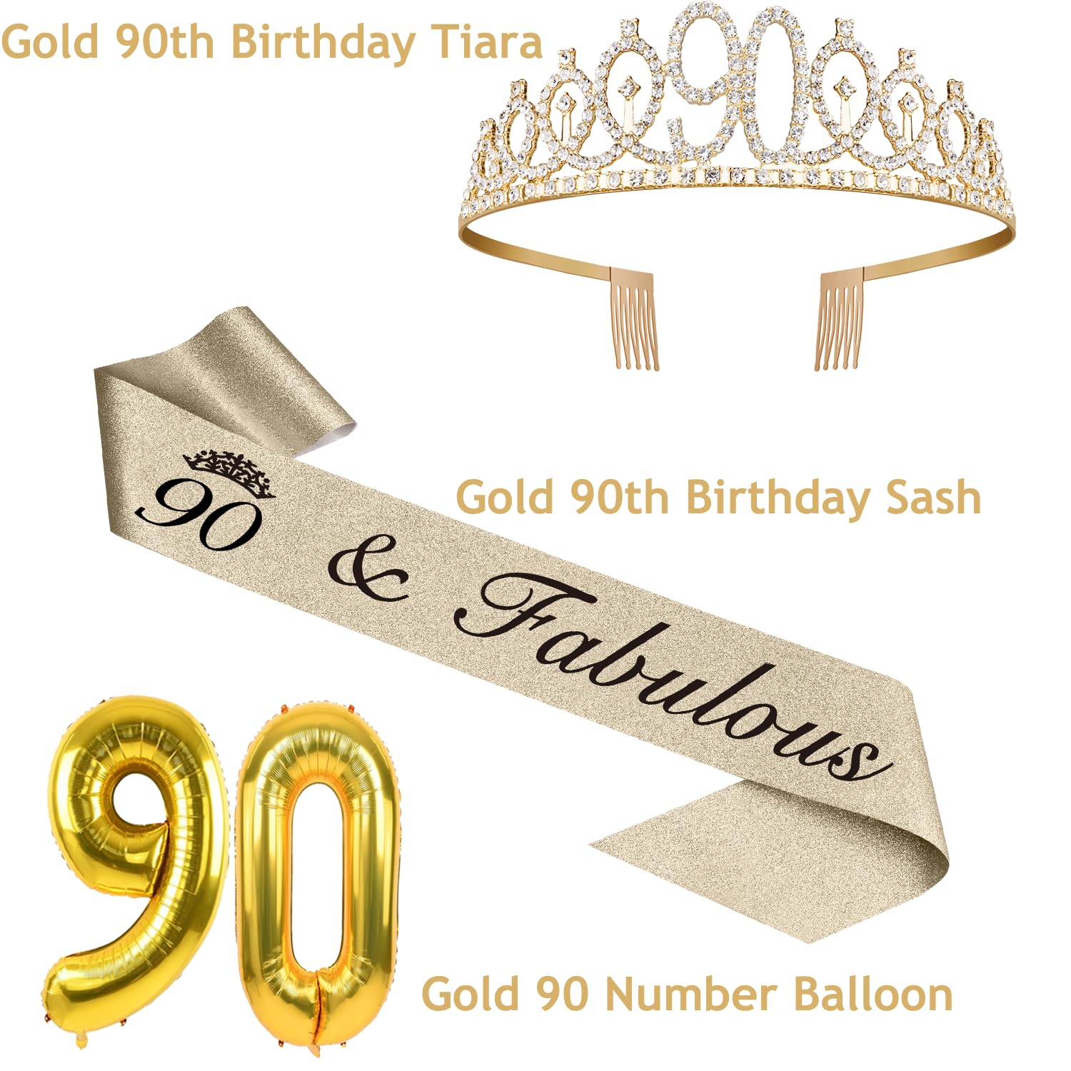 90Th Birthday Decorations For Women Gold With 90Th Birthday Sash And Tiara, 90Th Birthday Cake Topper And 90 Candles, Big 90 Bir