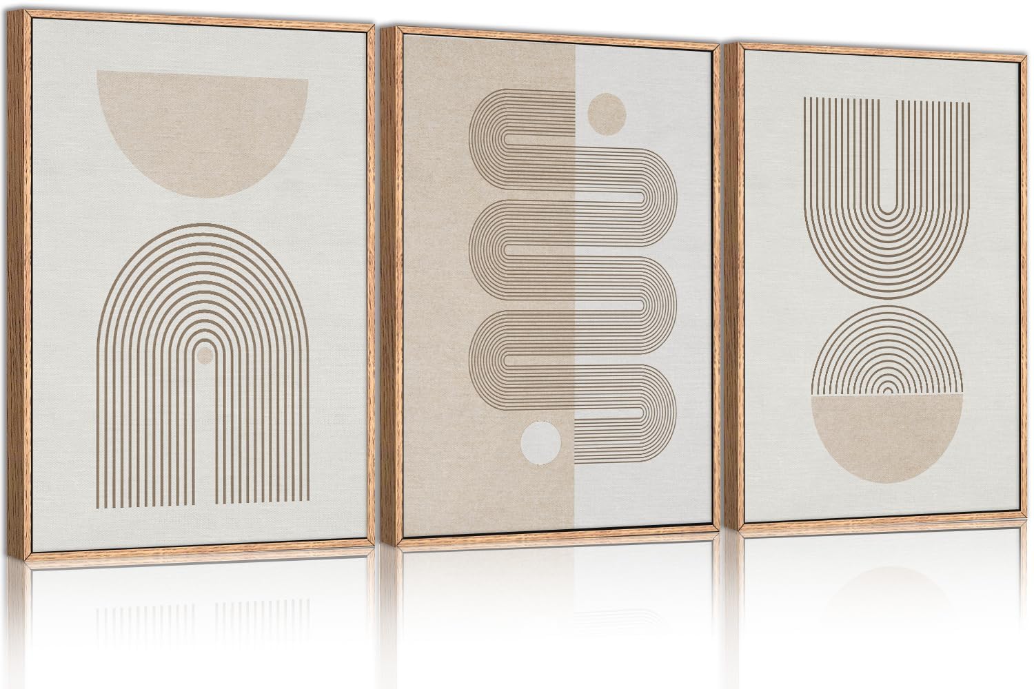 Chditb Framed Boho Wall Art Set Of 3, 24''X36'' Beige Mid Century Modern Wall Decor, Abstract Geometric Line Wall Painting, Larg