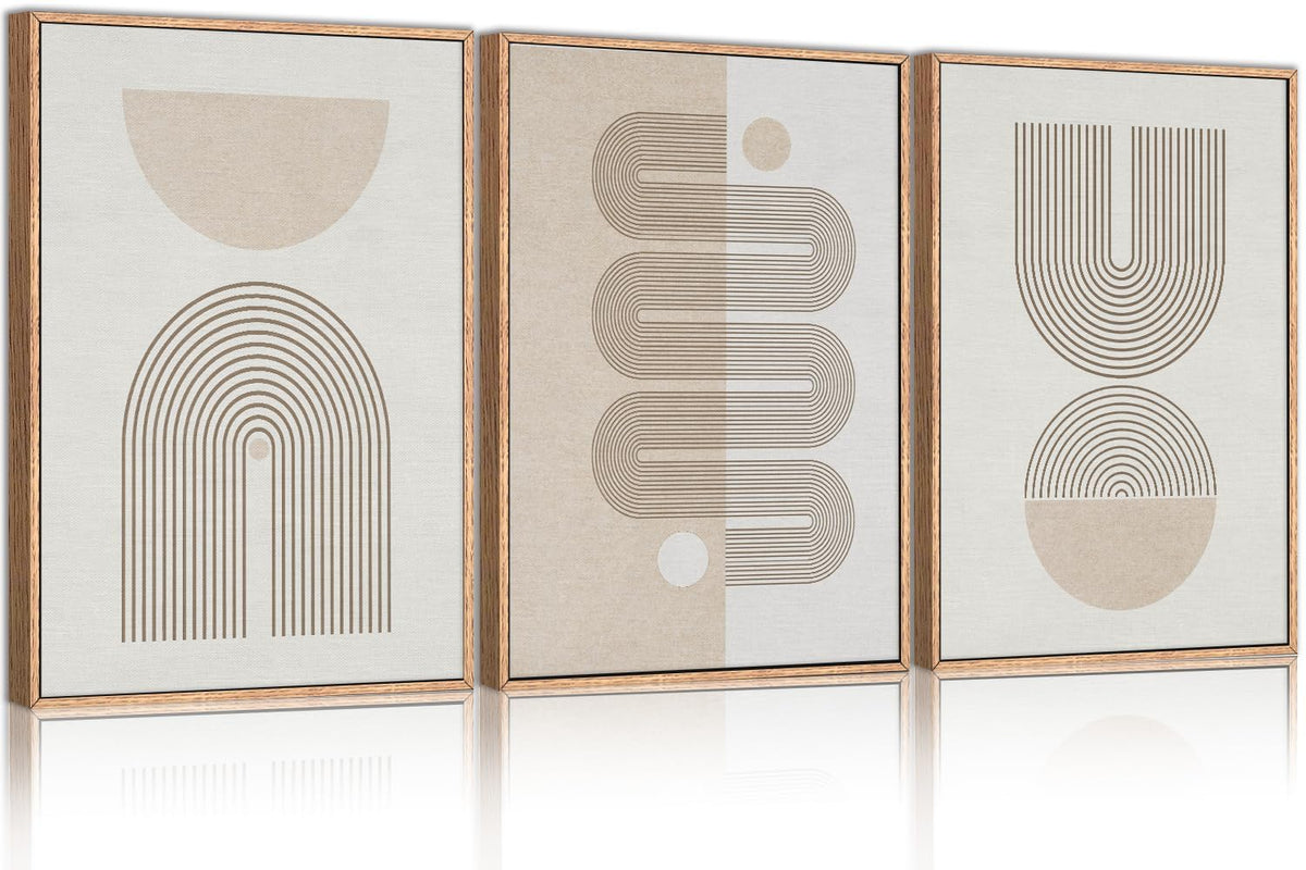 Chditb Framed Boho Wall Art Set Of 3, 24''X36'' Beige Mid Century Modern Wall Decor, Abstract Geometric Line Wall Painting, Larg