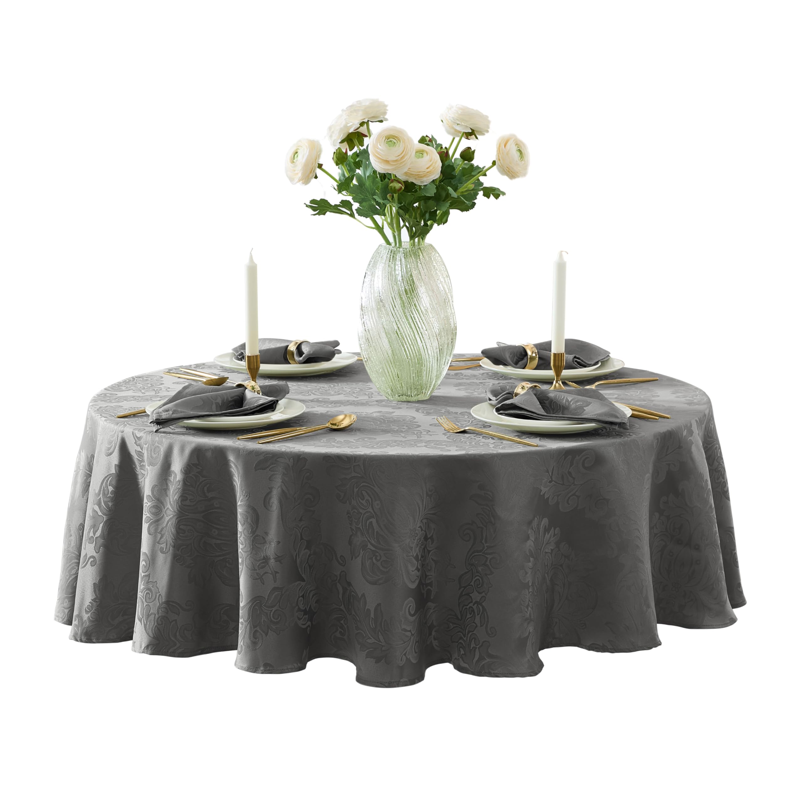 Newbridge Barcelona Damask Fabric Tablecloth, 90 Inch Round, Grey - No Iron, Soil Resistant Table Cover for Dining, Parties and 