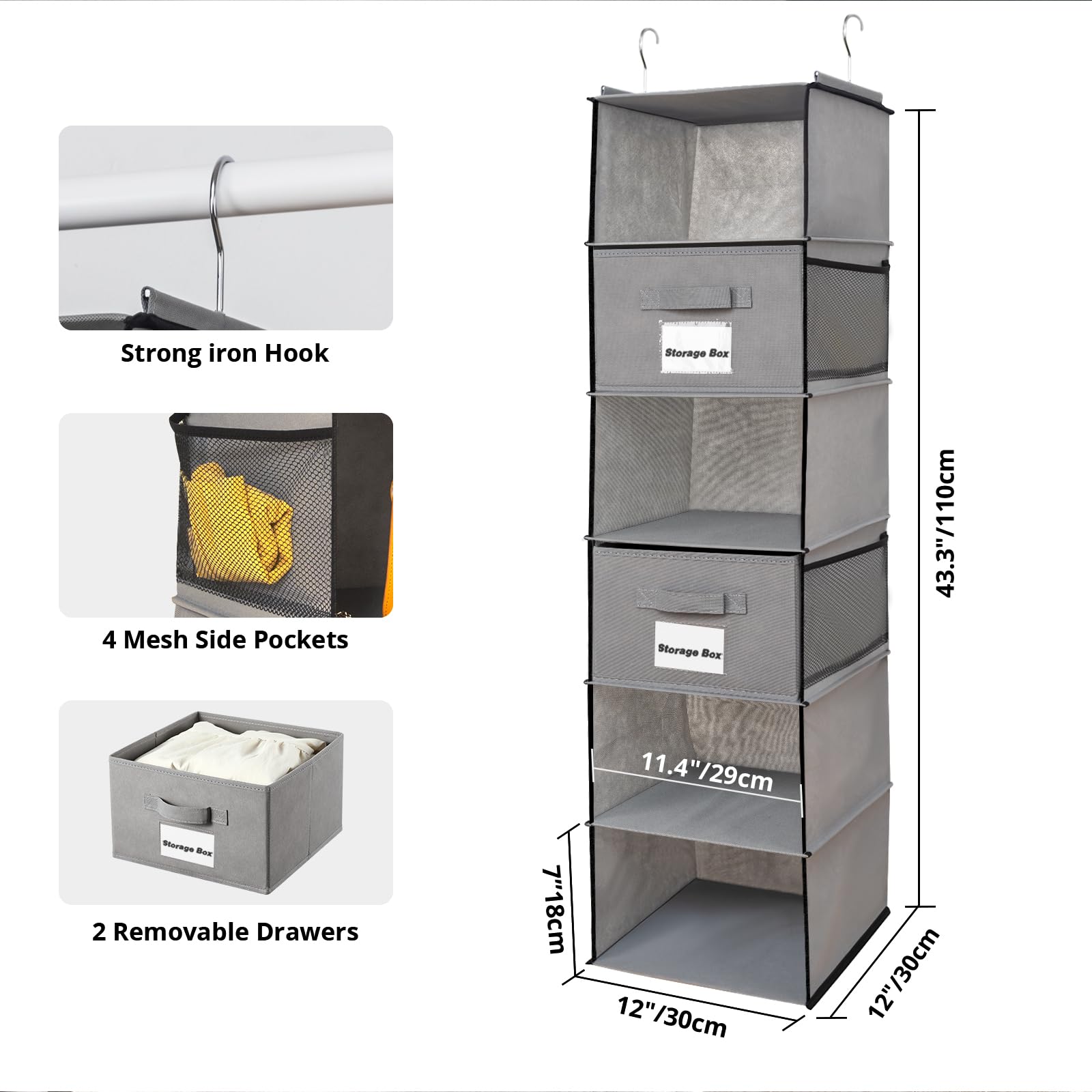 Brilliantjo 2 Pack 6 Shelves Hanging Closet Organizer With 2 Drawer, Hanging Storage With 4 Side Pockets For Clothes Shoes, 43.5