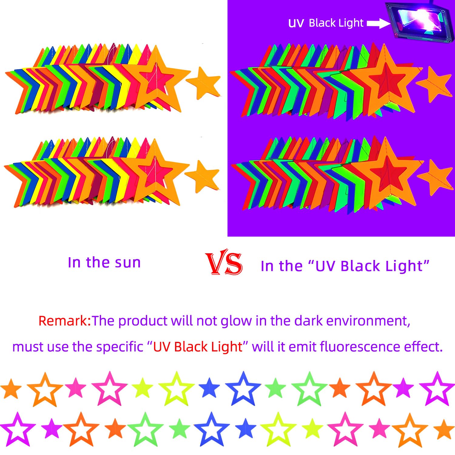 126Feet Uv Paper Neon Garland Hollowed Star Neon Streamers Black Light Neon Decorations Glow Party Uv Reactive Neon Party Favors