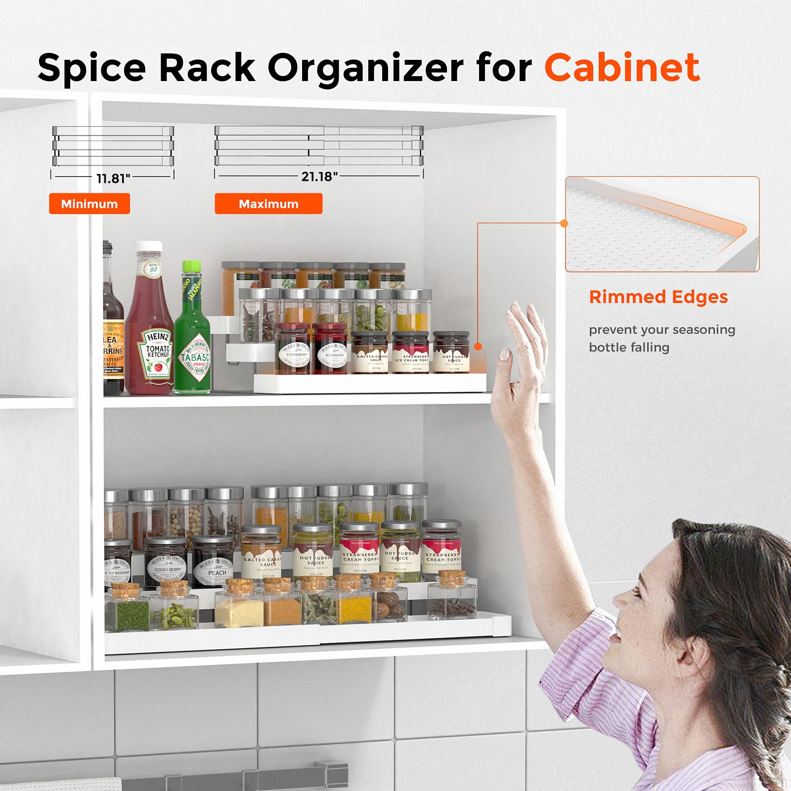 INVOCOO Expandable Spice Rack Organizer for Cabinet - 3 Tier Adjustable Cabinet Spice Organizer Easy Visibility - Spice Organize