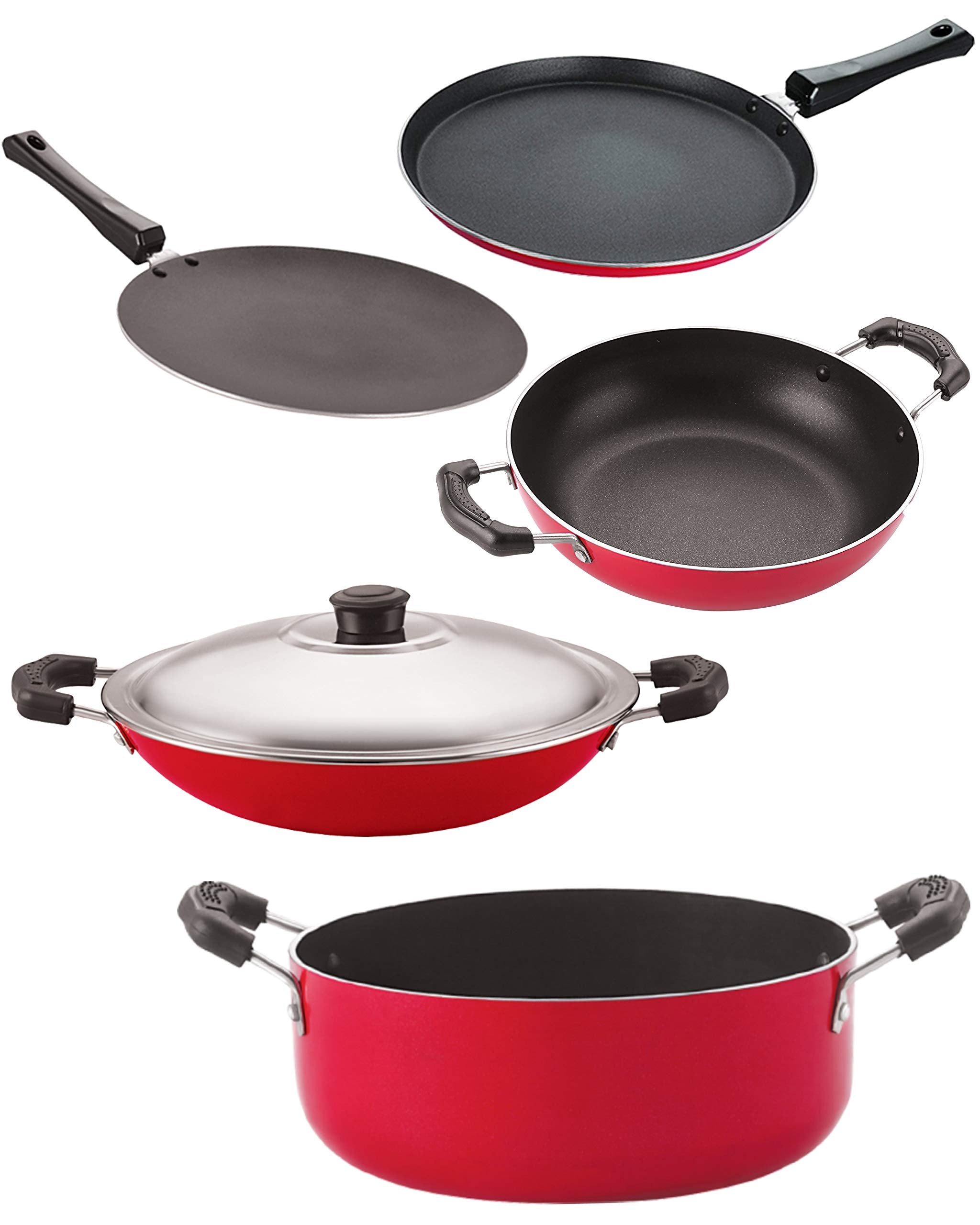 Nirlon Dishwasher Safe Non Stick Cookware Pots And Pans Set Of 5 Pieces (2.6Mm_Ct_Kd12_Chatti_Cass22_Ft12)