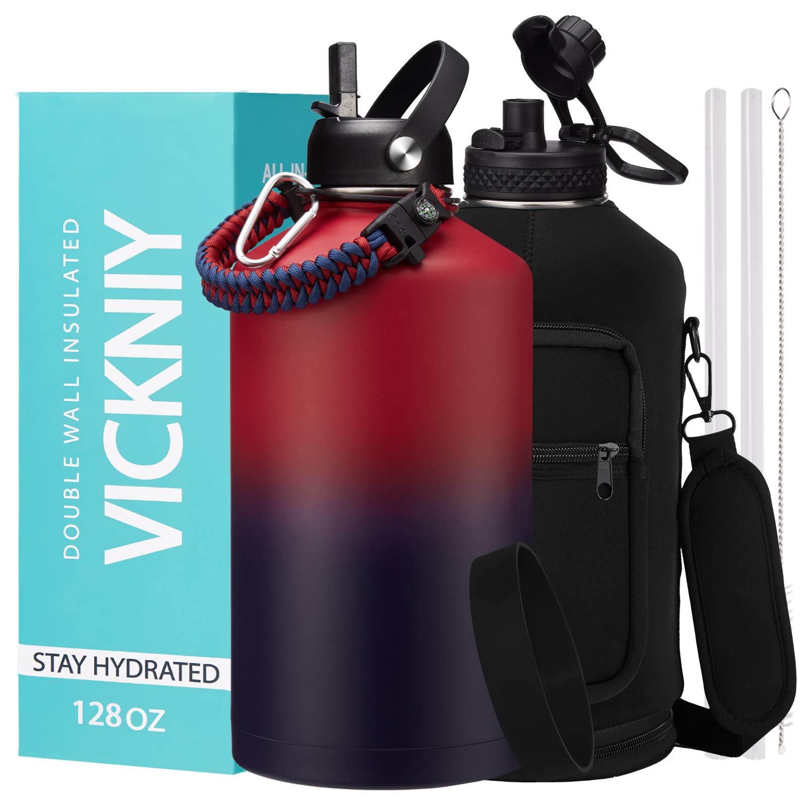 1 Gallon Water Bottle With Straw - 128Oz Stainless Steel Water Jug With Sleeve Carrier Bag, Auto Spout Lid, Paracord Handle, Lar