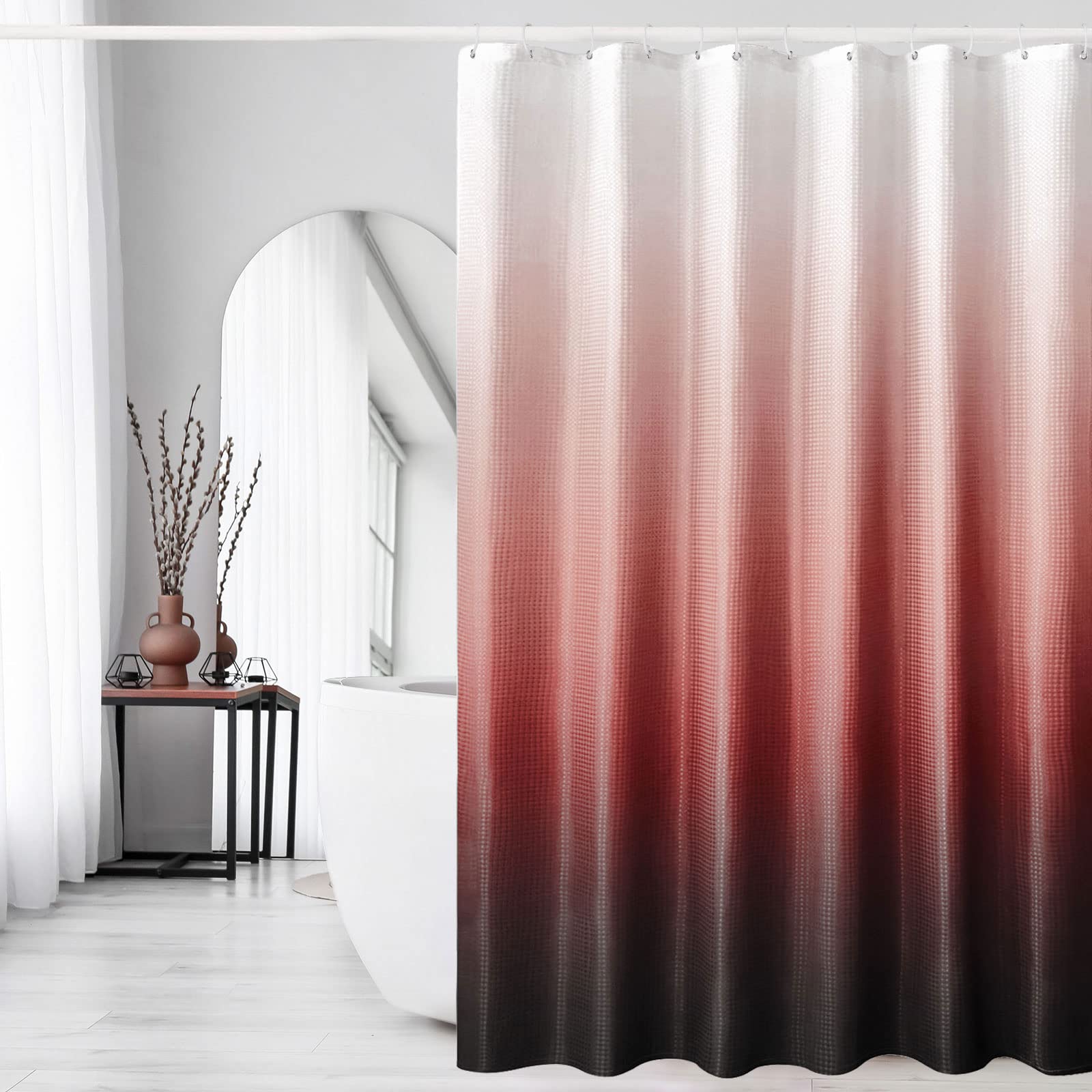 Gibelle Ombre Shower Curtain, Red Black Gradient Fabric Shower Curtain, Waffle Weave Textured Bathroom Curtains Shower Set With