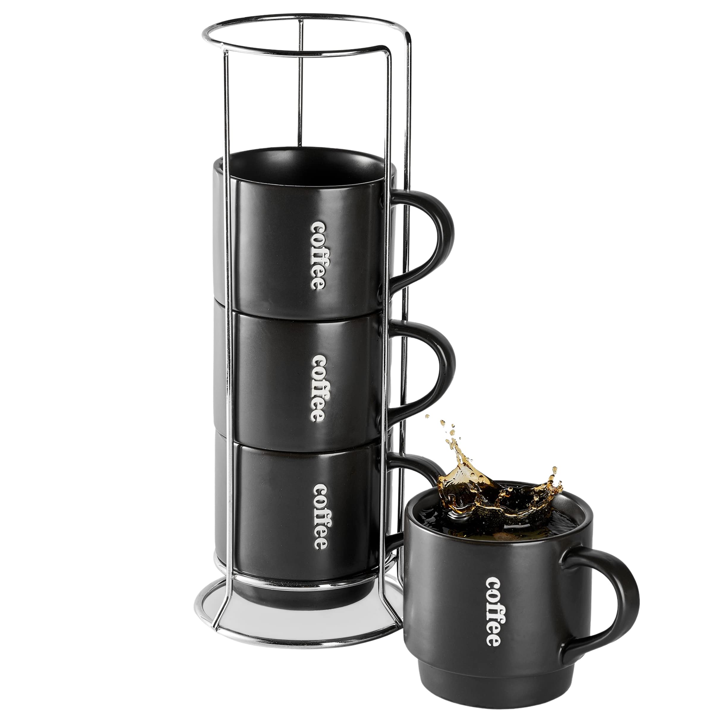 Lauchuh Coffee Mug Set, Porcelain Stackable Coffee Mugs With Rack,15 Oz Cappuccino Cup Coffee Cups For Coffee, Tea, Cocoa, Milk,