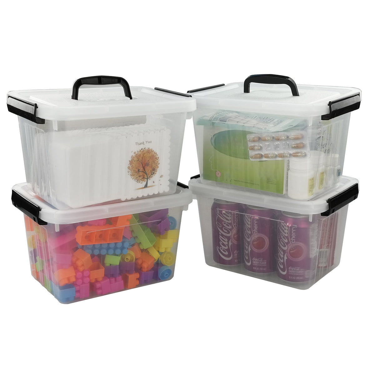 Kekow 6 L Clear Storage Box, Plastic Storage Latch Box With Black Handle, 4-Pack