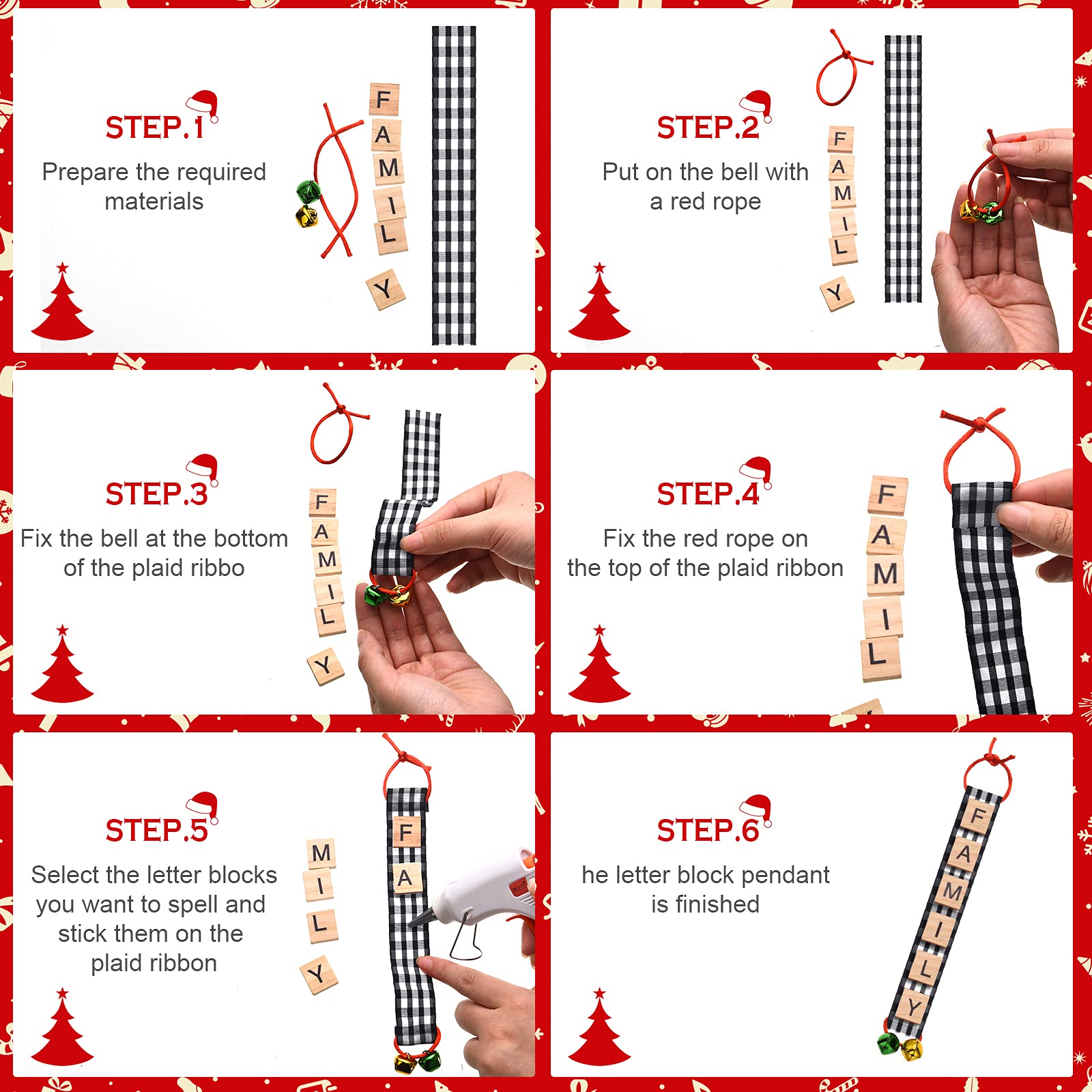 Christmas Ornaments Tree Decorations Personalized Wooden Letter Tiles DIY Crafts Capital Letter Tiles Ribbon Bells for Tree Deco