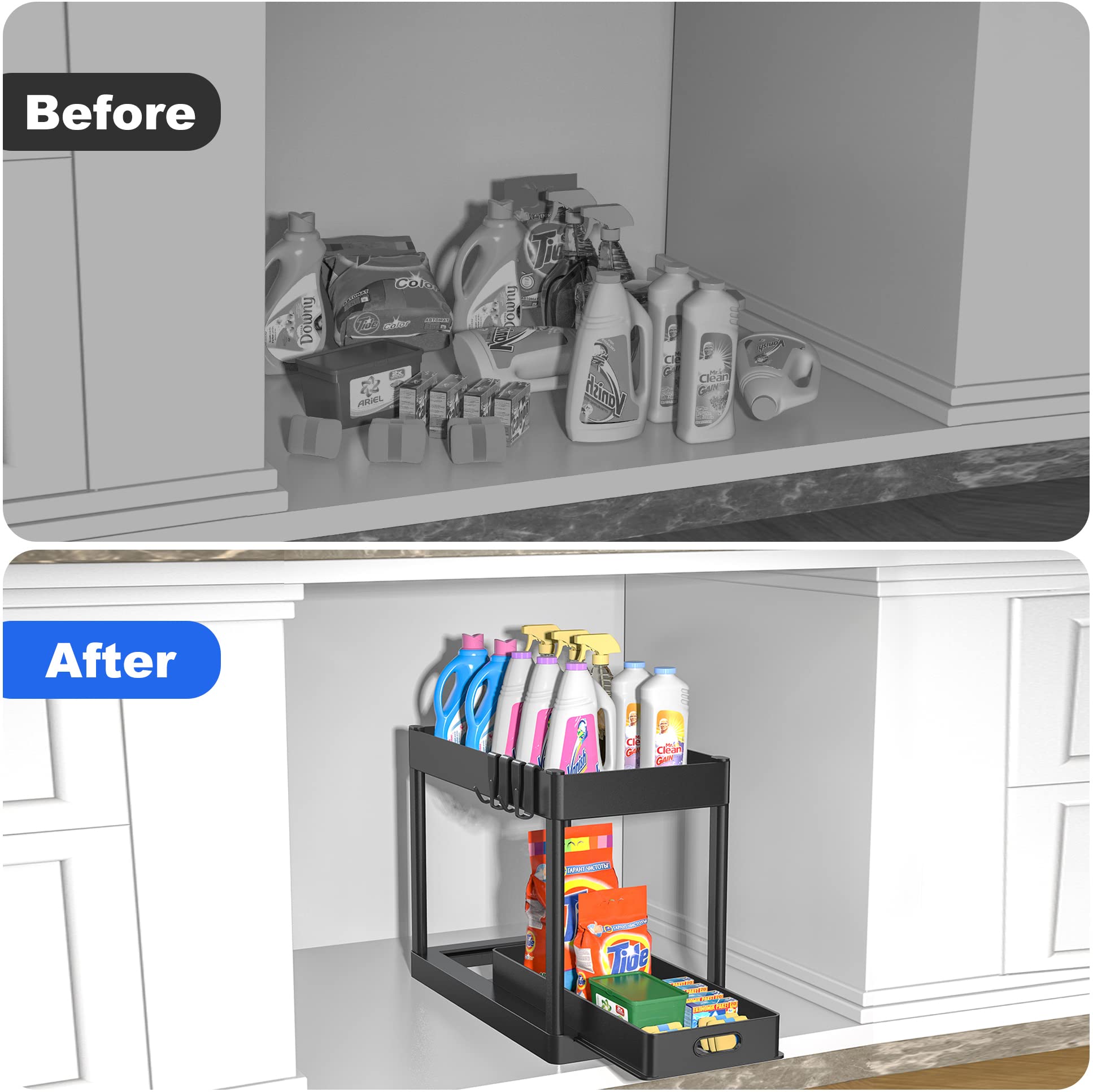 Pougny 2Pc Under Sink Organizer Rack 2 Tier Under Sliding Cabinet Basket Organizer Drawer With 4 Hooks, Multi-Purpose Under Sink