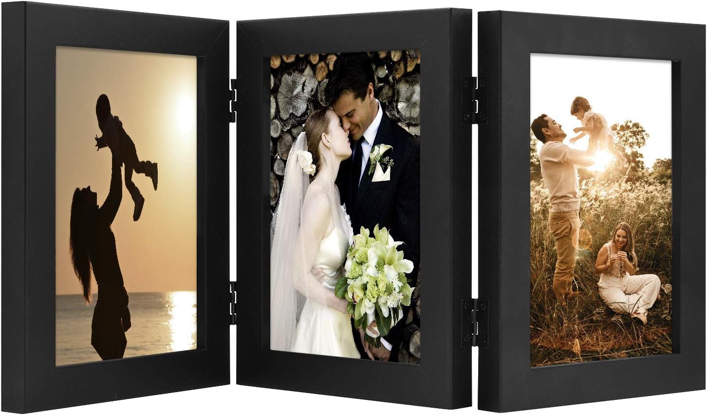 Golden State Art, 5x7 Three Picture Frame Trifold Hinged Photo Frame with 3 Openings, Desk Top Family Picture Collage, with Real