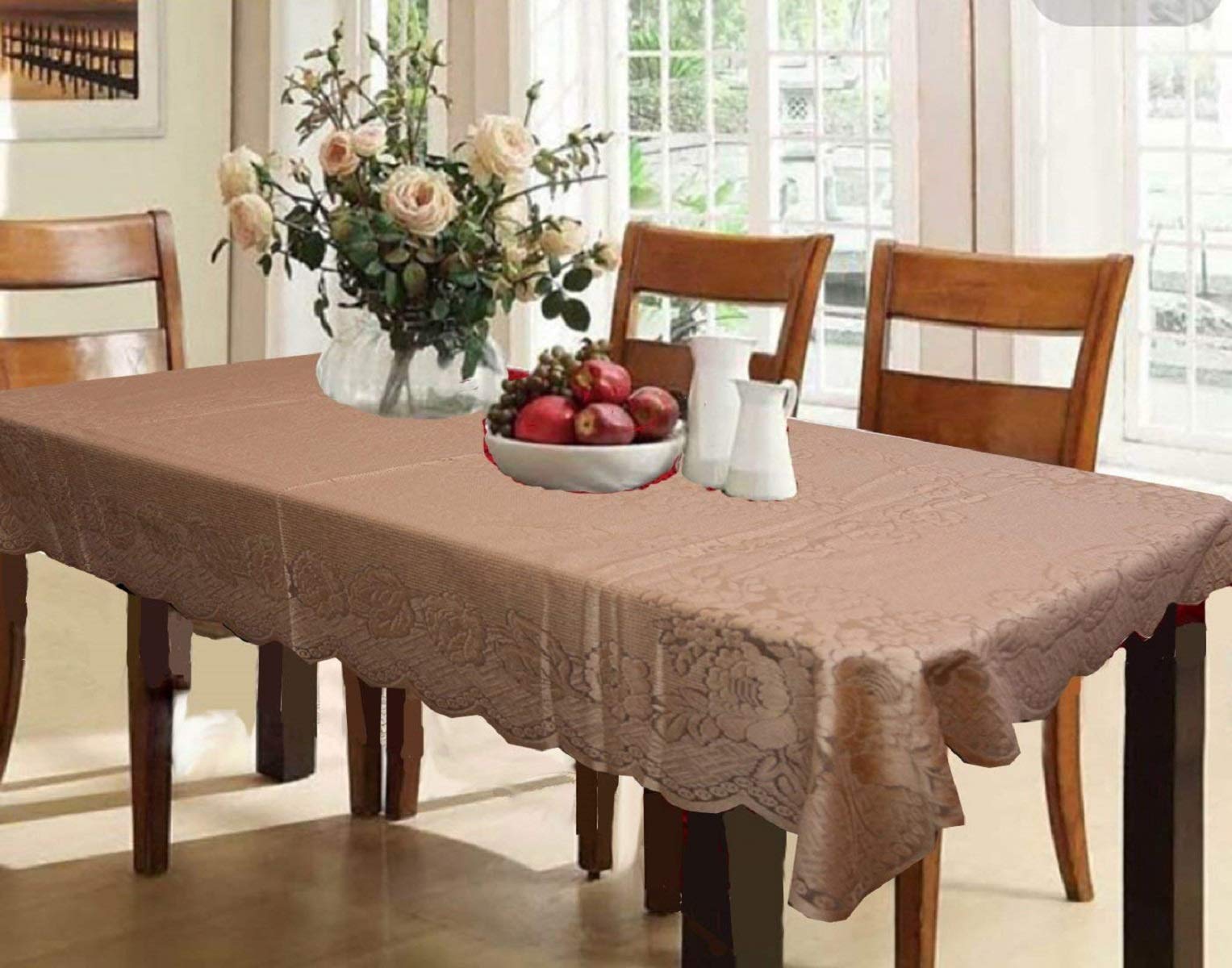 Kuber Industries Dining Table Cover Brown Cloth Net For 6 Seater 6090 Inches (Self Design)