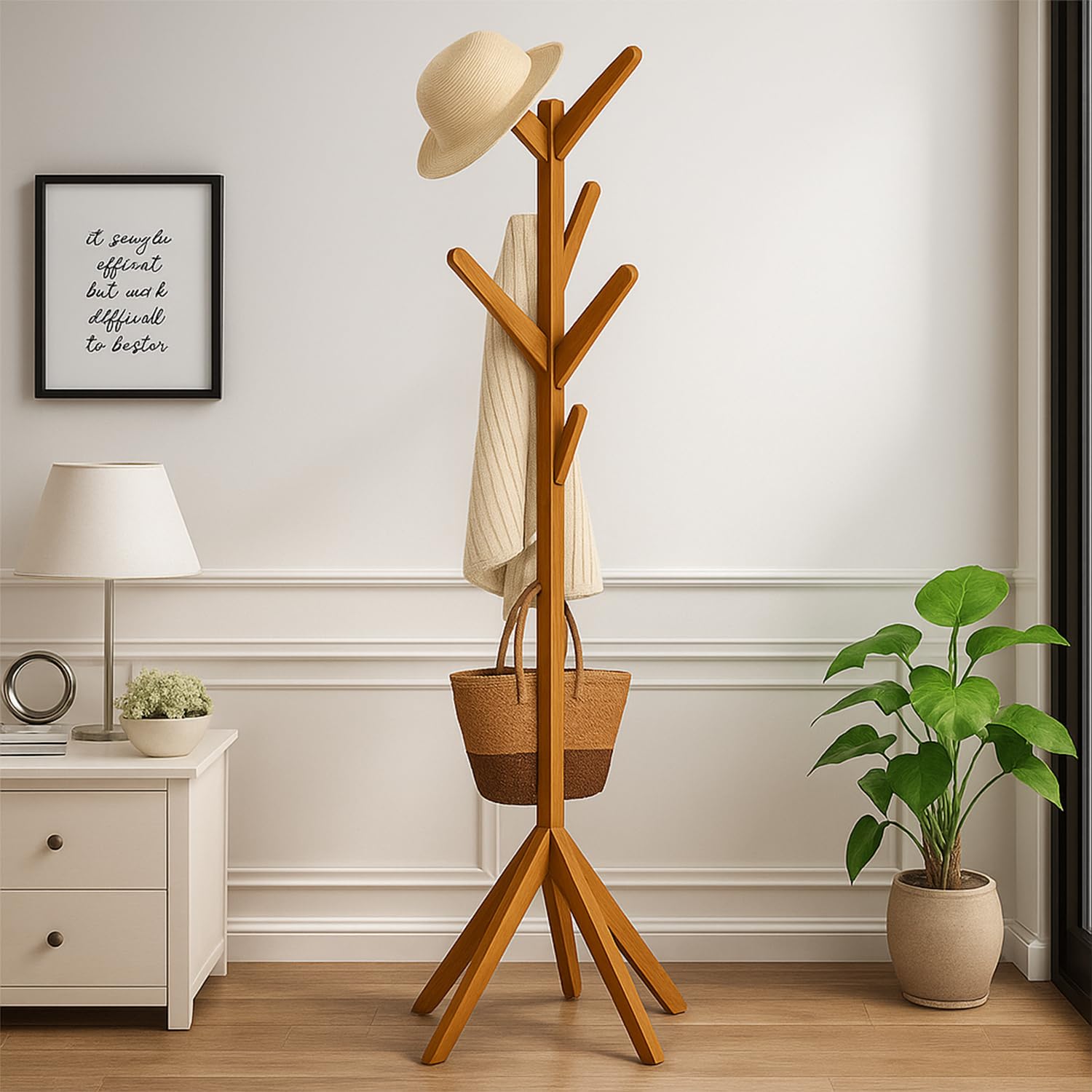 Naayaab Craft Coat Racks Coat Stand Free Standing With 8 Hooks Organize Hats Scarves, Clothes, Handbags For Entry Hallway Bedroo