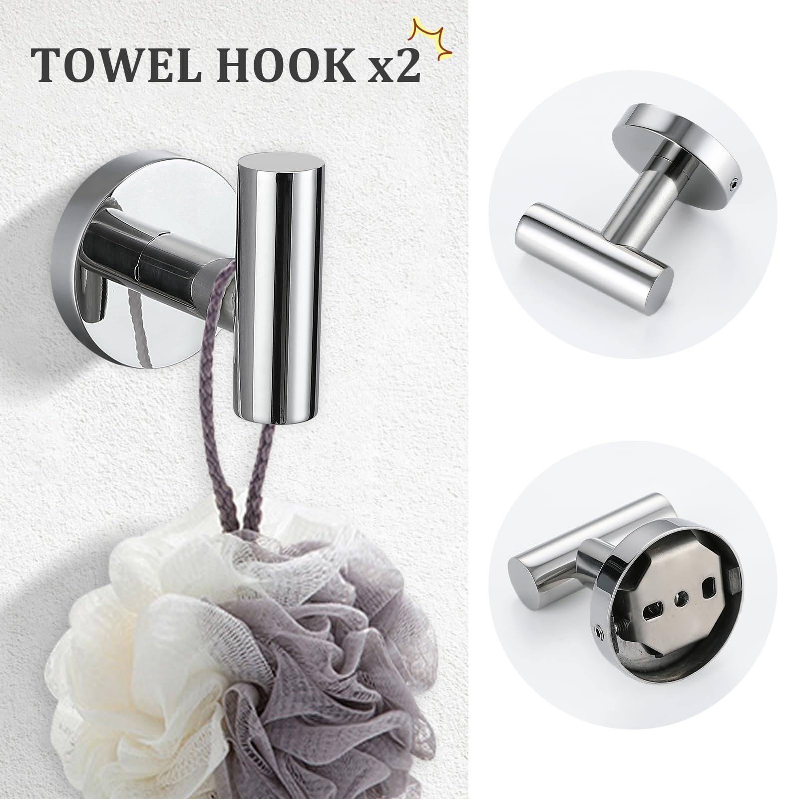 Turs Polished 5 Piece Bathroom Hardware Set, 24 Inch Bath Towel Bar Set, Round Bathroom Accessories Kit Wall Mounted Sus304 Stai