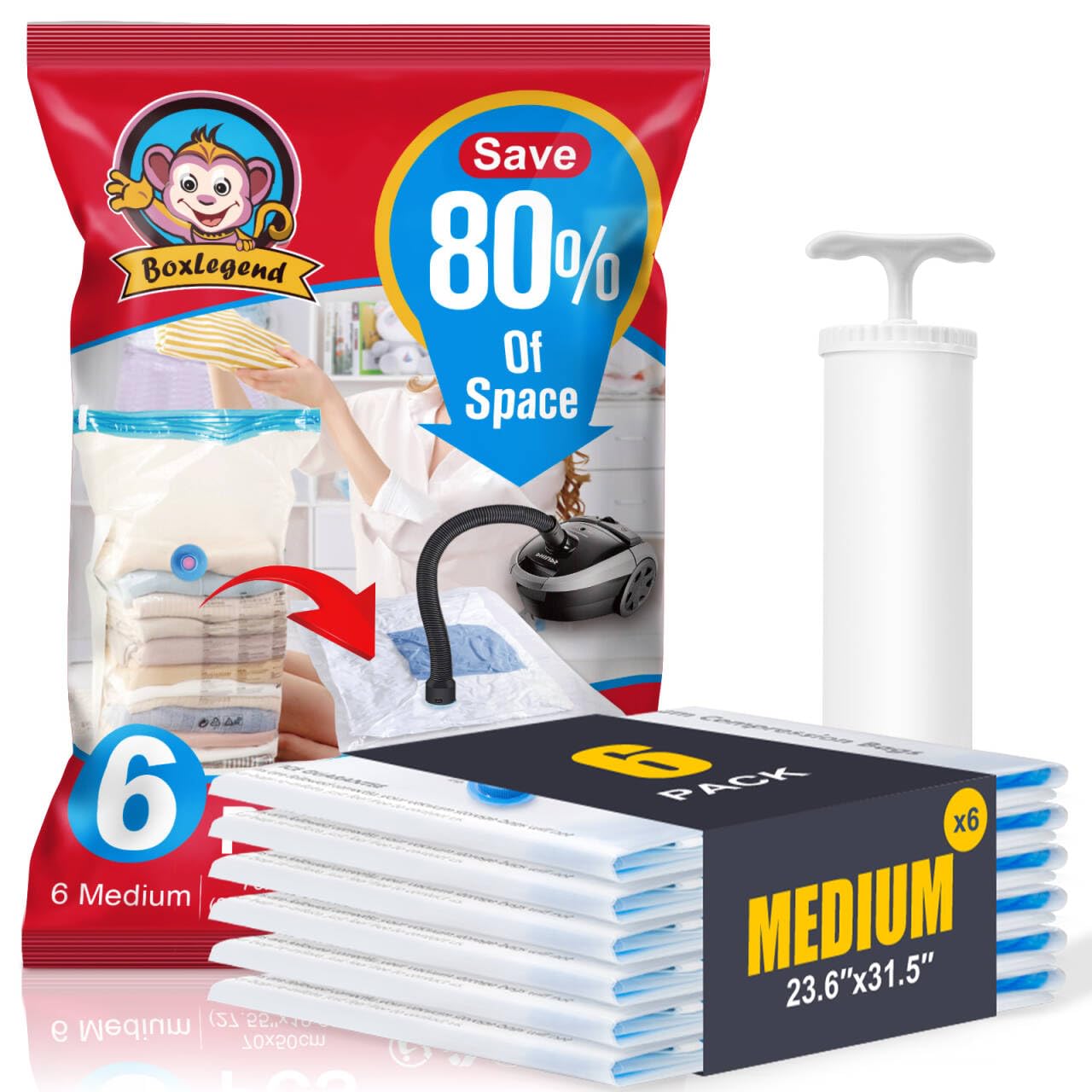 BoxLegend Vacuum Storage Bags with Hand Pump 6 Medium 19.68x27.56 Thickened Vacuum Seal Bags for Clothing Bed Sheets Pillowcases