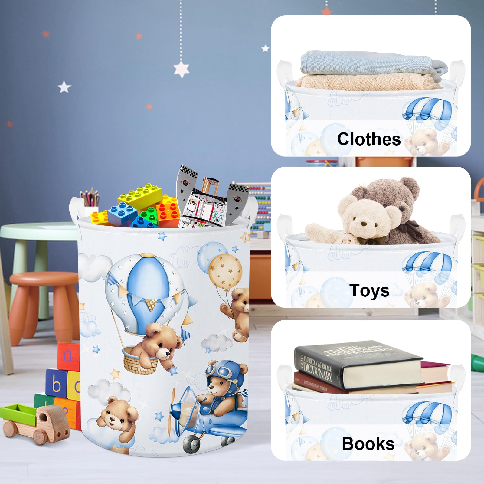 Clastyle 45L Large Blue Bear Pilot Kid Boy Girl Laundry Hamper With Handle Collapsible Balloon Clothes Toy Storage Basket With L