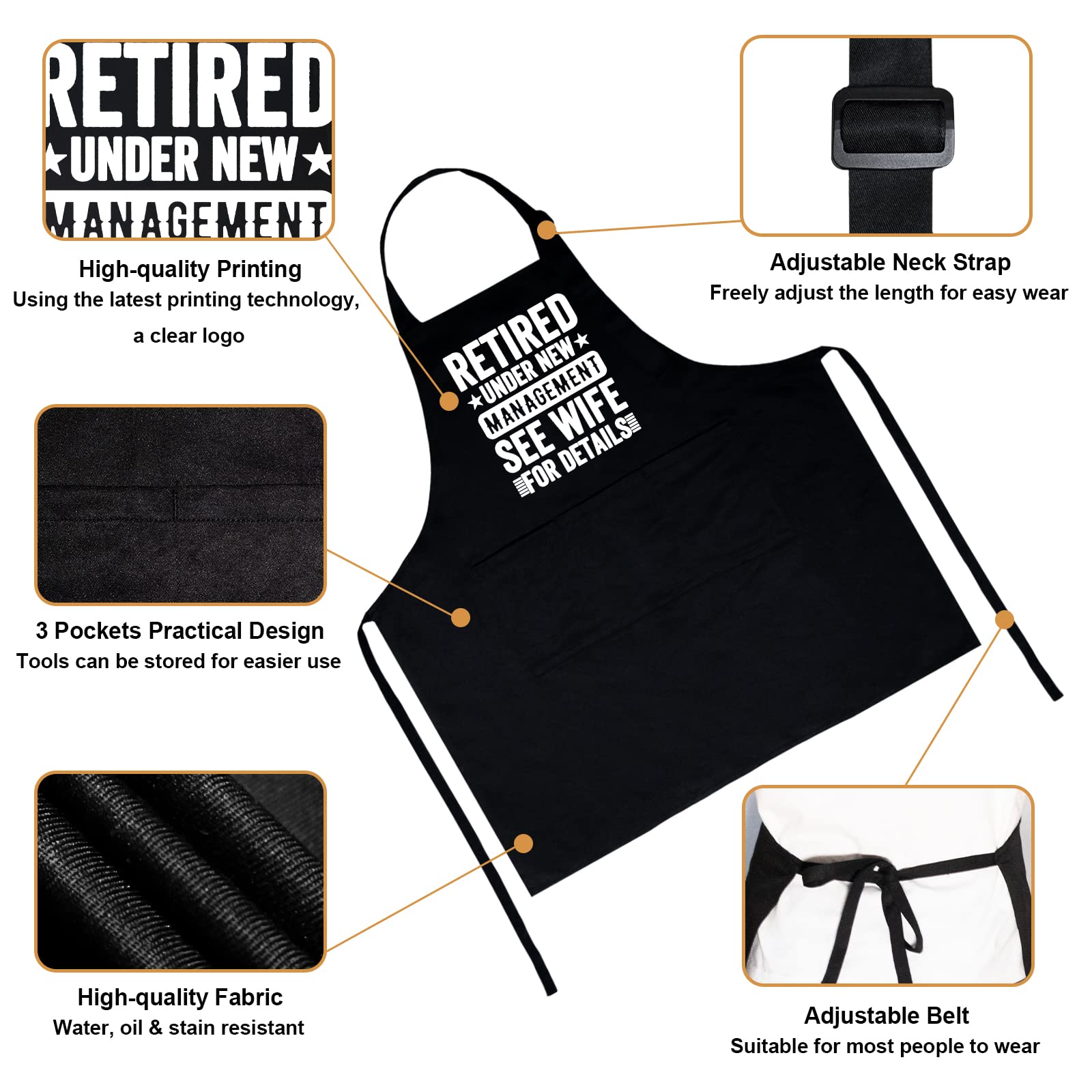 Grearong Retirement Apron for Men & Women - Funny Gift with 3 Pockets, Standard Size, Black, Model retireapron001