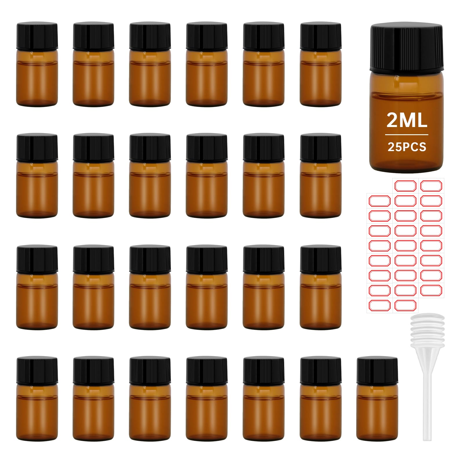 eispap 25Pcs Amber 2ML Mini Glass Bottles Clear Essential Oil Vials Empty Cosmetic Sample Containers with Black Lid for Essentia