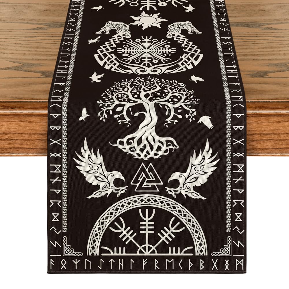 Artoid Mode Black Viking Tree Of Life Raven Helmet Of Awe Table Runner, Seasonal Kitchen Dining Table Decoration For Home Party