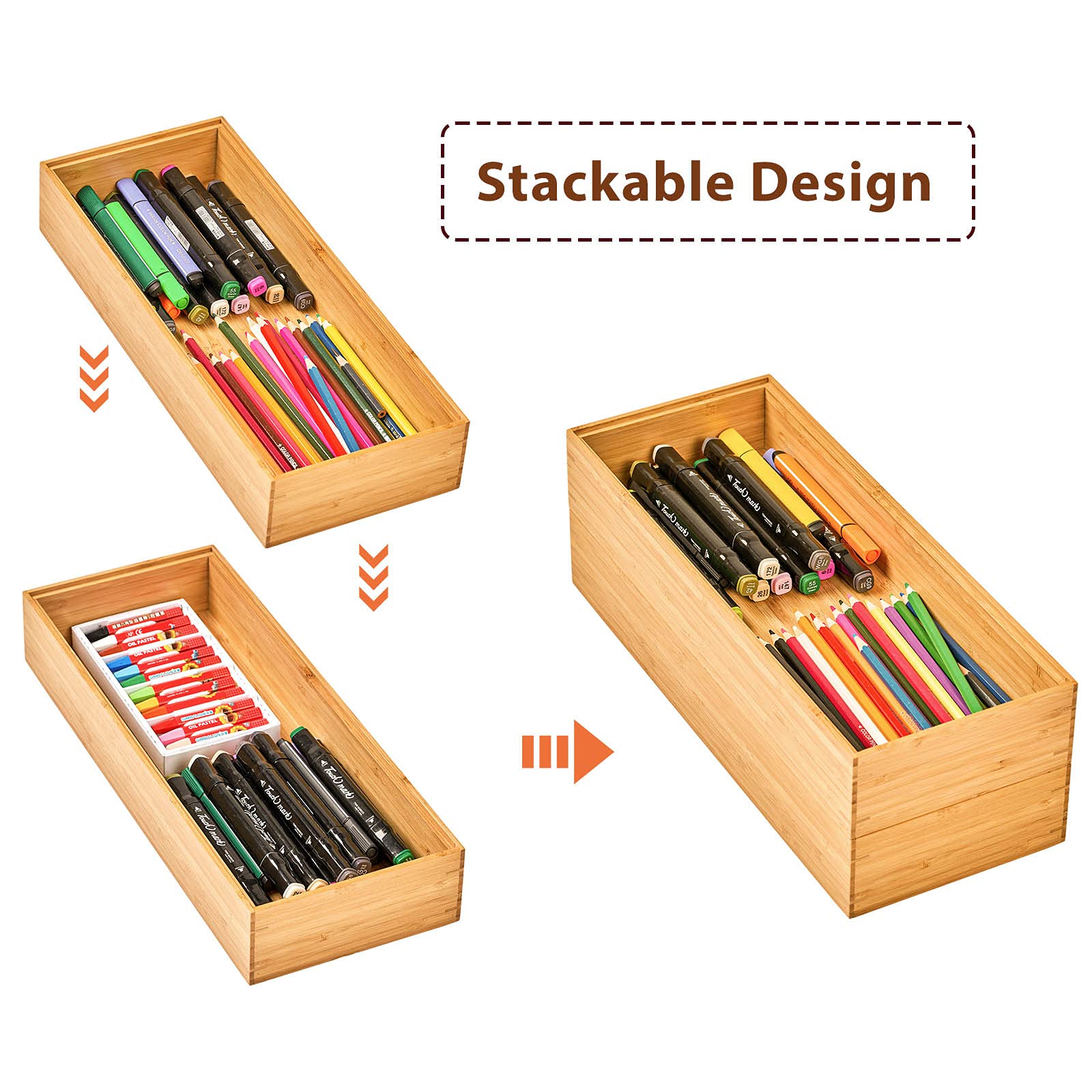 Umilife Bamboo Kitchen Drawer Organizer Boxes with Anti-Skid Silicone Feet, 2pcs Stackable Storage Bins for Kitchen Utensils & S