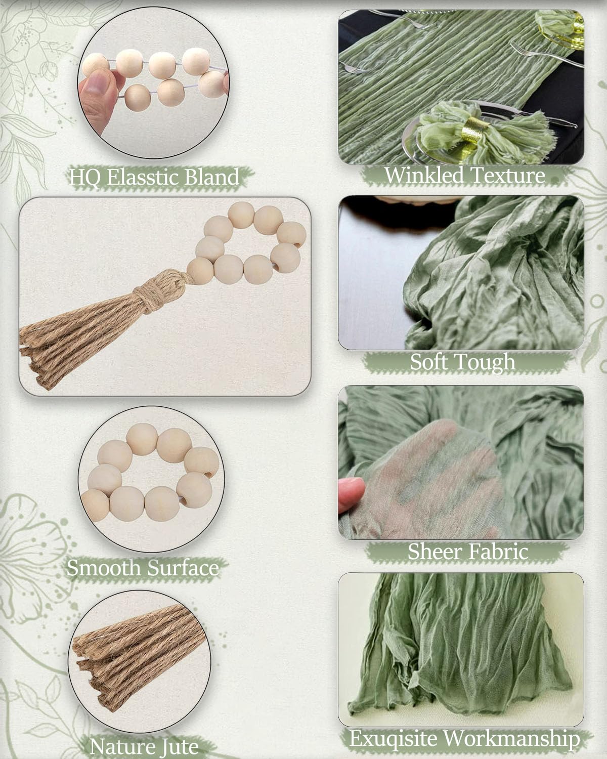 Fusenyuan Sage Green Cheesecloth Table Runner 10Ft +6 Napkins +6 Wood Bead Napkin Rings Rustic Gauze Sheer Table Runner Sets For