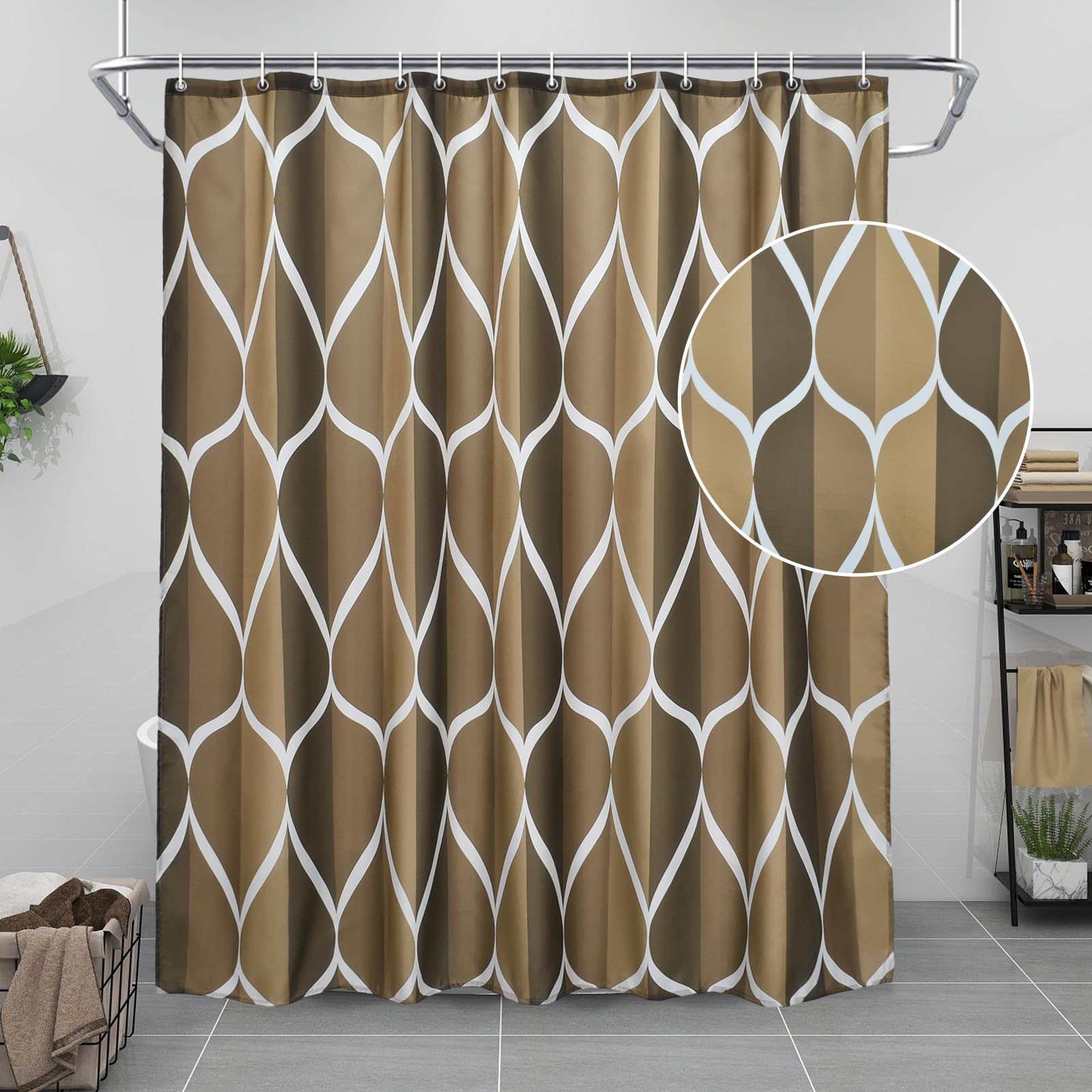 Gelbchu Brown Geometric Shower Curtain  Waterproof Design and Polyester  Quick-Drying  Weighted Hem  Brown Fabric Shower Curtains Set for Bathroom W 72 x H 72  Durable and Washable with 12 Hooks