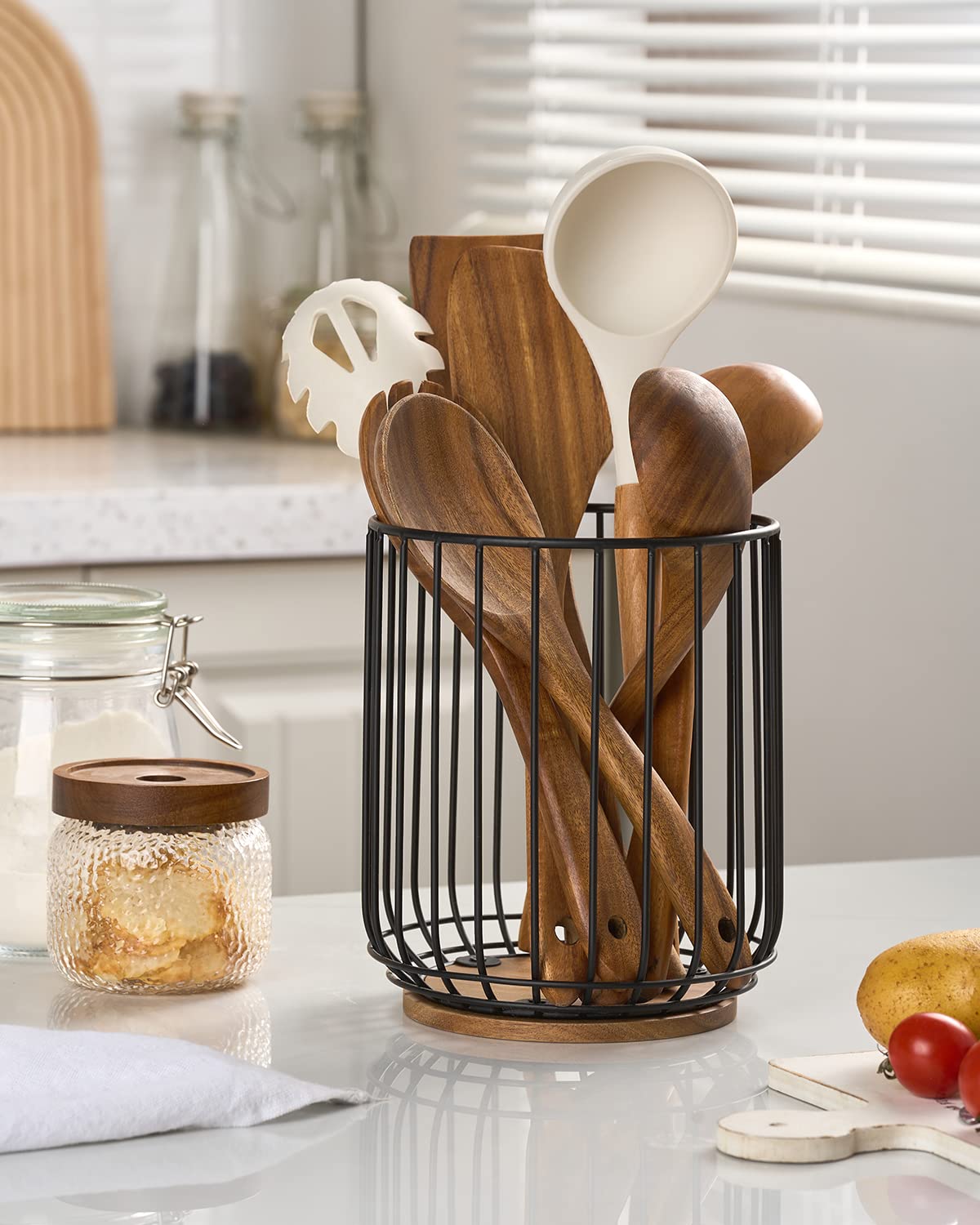 Getstar Kitchen Utensil Holder, Large Wire Utensil Holder For Kitchen Counter (W6.2    X H7.5   ) With Acacia Base