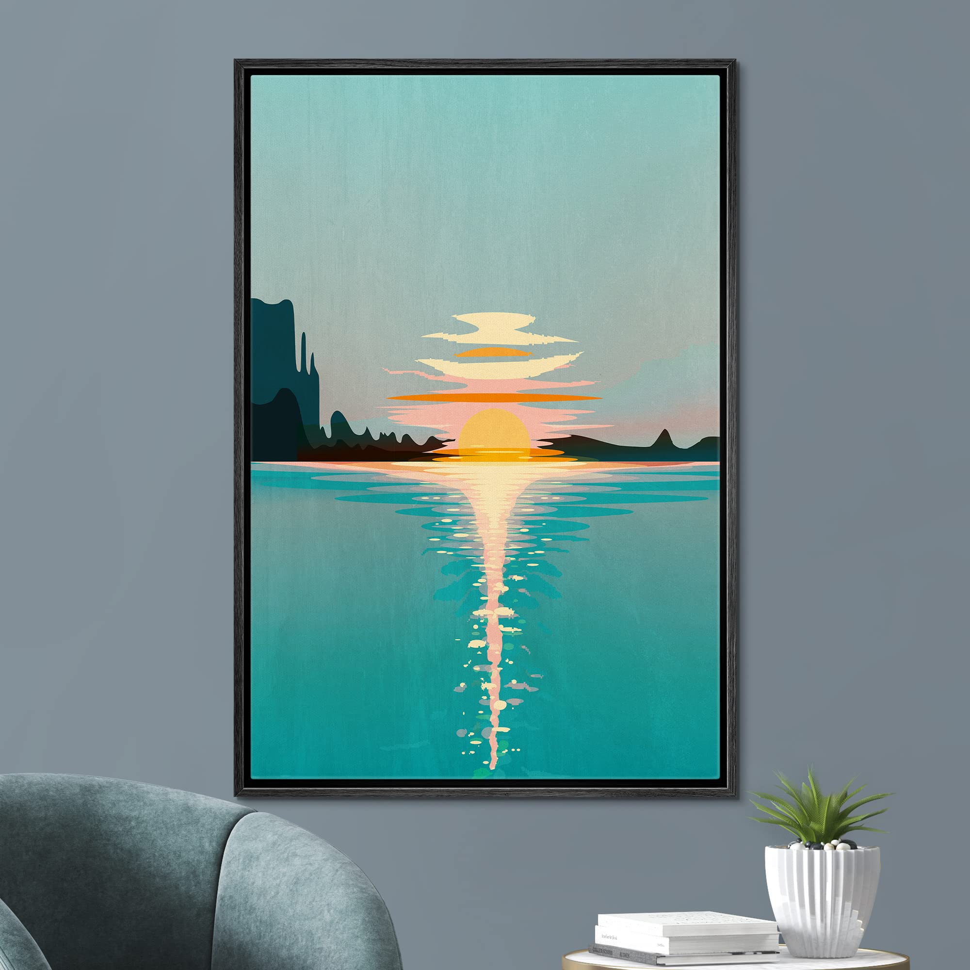 Signford Framed Canvas Print Wall Art Pastel Sky Sunset Ocean Reflection Nature Wilderness Illustrations Modern Art Decorative R