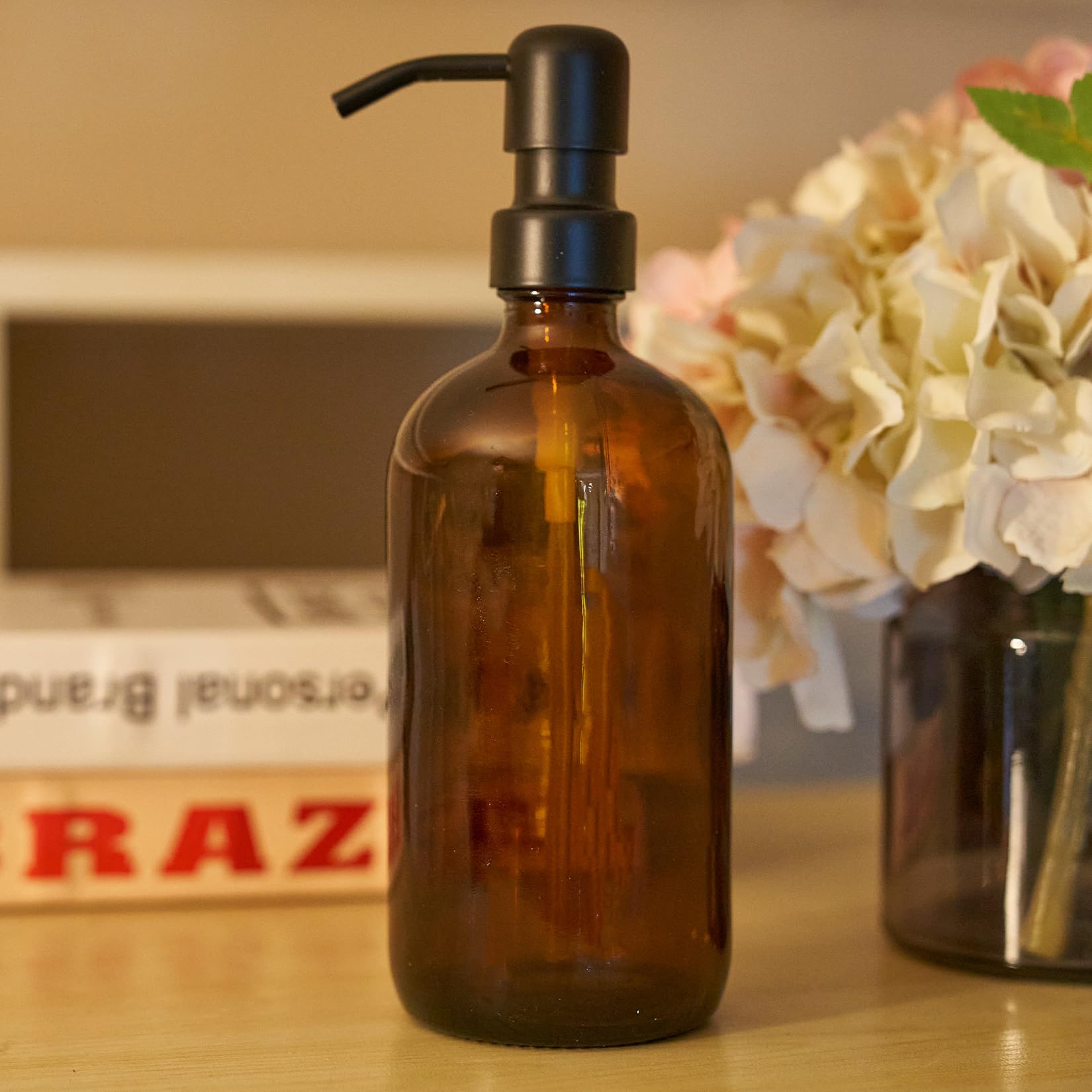 Diahom Soap Dispenser Amber Glass Hand Dish Soap Dispensers 1Pcs Stainless Steel Pump 16 Oz For Kitchen Sink Countertop Bathroom