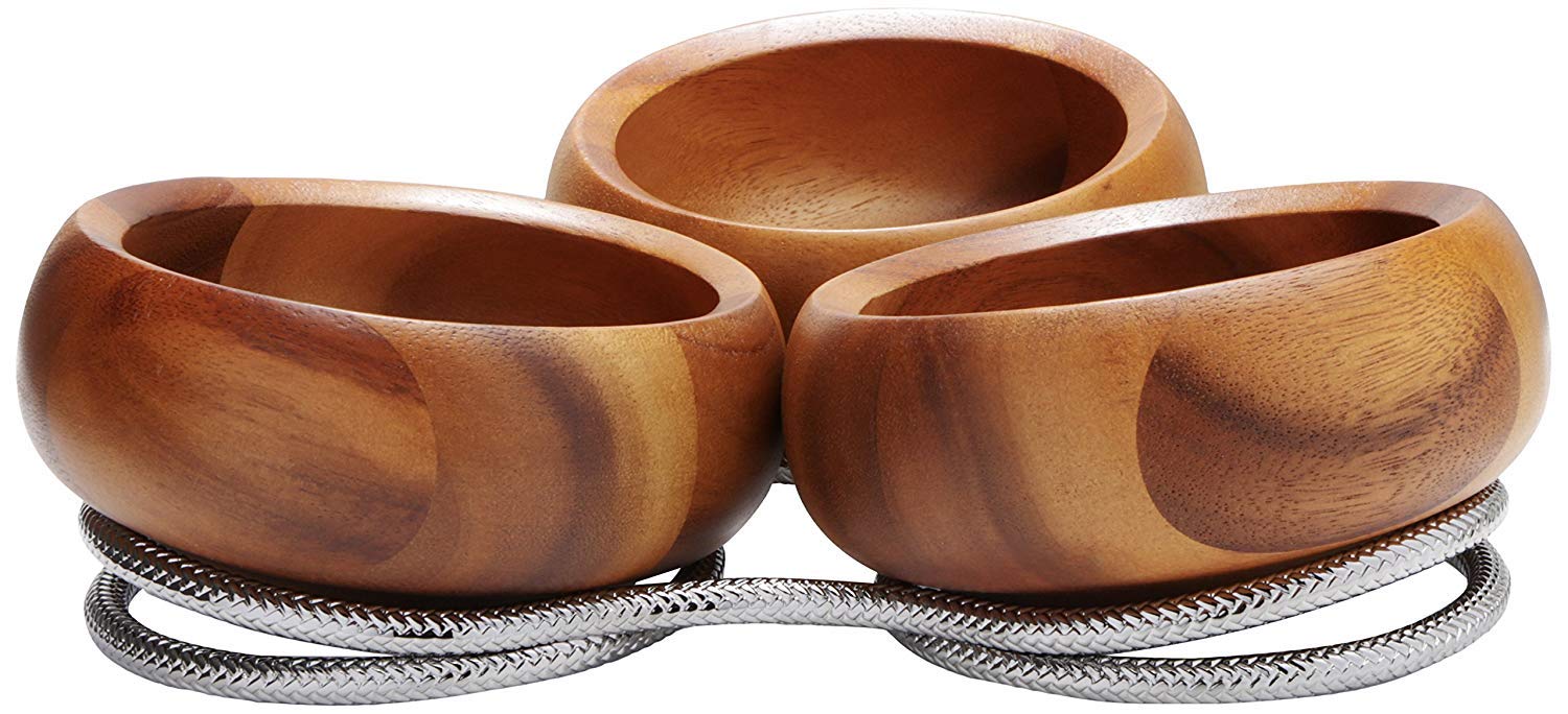Nambe Braid Condiment Server | Serving Bowl For Side Dishes, Dips, Appetizers | Chrome Base | Acacia Wood Dip Bowls | 3 Piece Se
