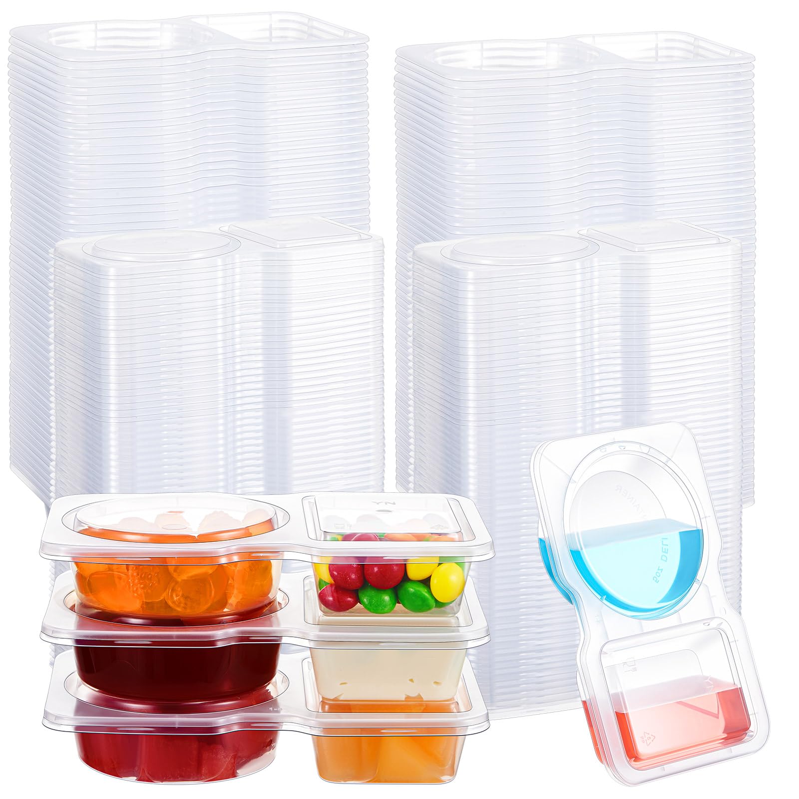 Blushtier 50 Pcs Pack Snack Containers with Lids, 5 oz Double Compartment Plastic Food Containers, Portable Divided Snack Cups f