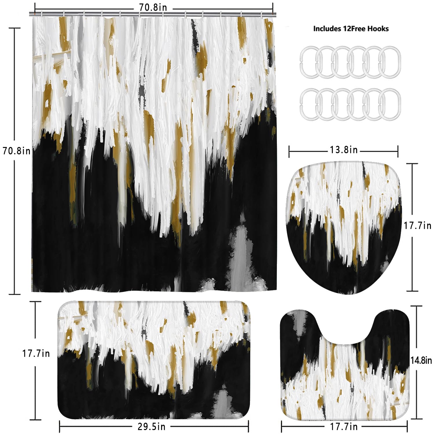 Apxpf 4 Pcs Black Bathroom Set Shower Curtain Set With Bathroom Mats Washable Bathroom Mat Set Shower Curtains For Bathroom Deco