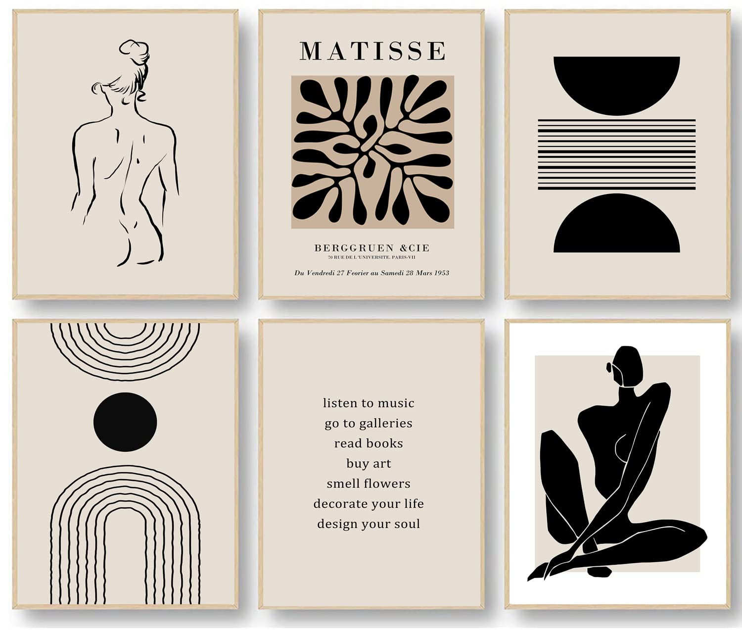 Matisse Wall Art Prints, Abstract Matisse Wall Art Exhibition Posters, Black Beige Women Body Line Art Leaf Boho Art Prints, Can