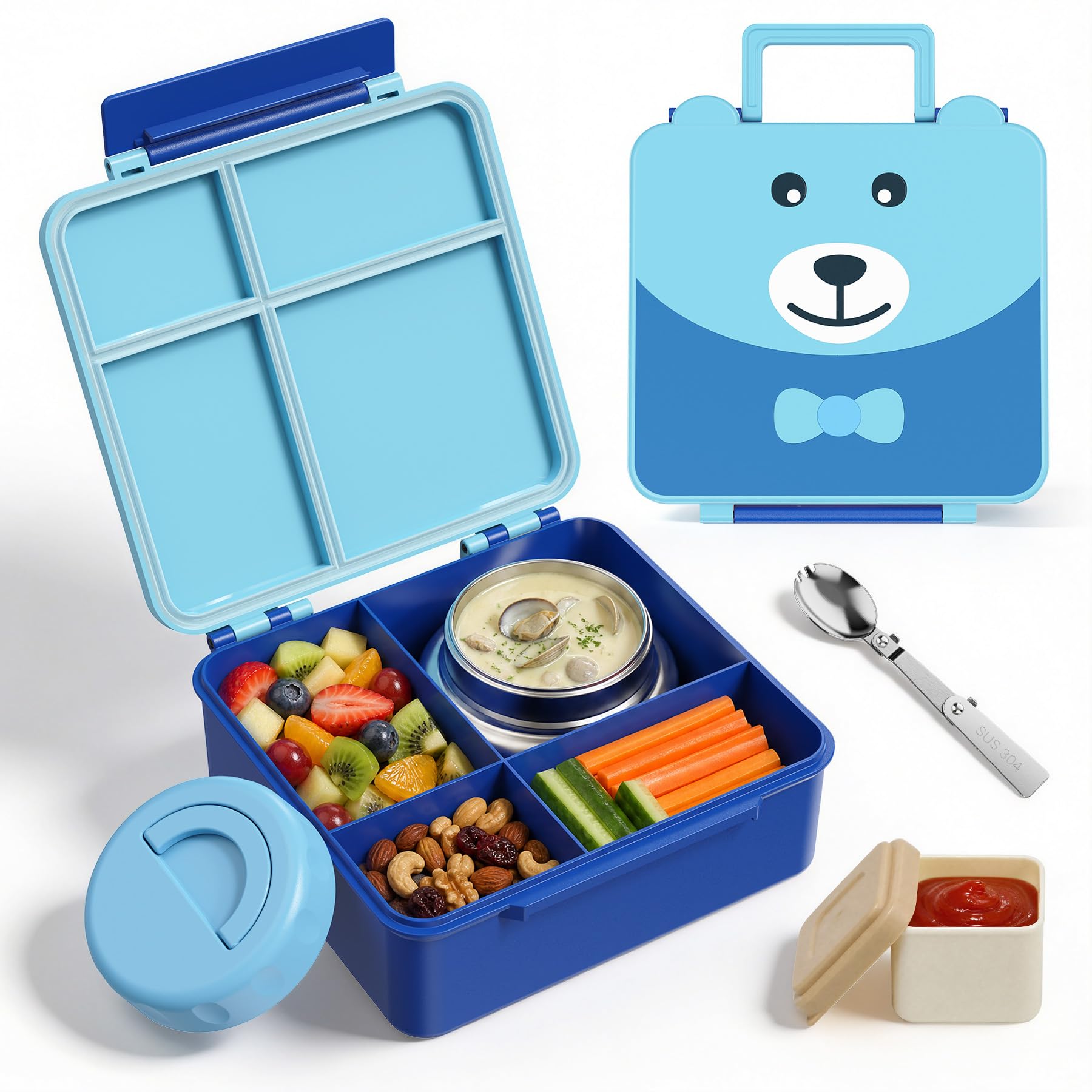 Eoika Kids Bento Lunch Box LeakProof 4Compartment 8oz Soup Thermo(Blue)
