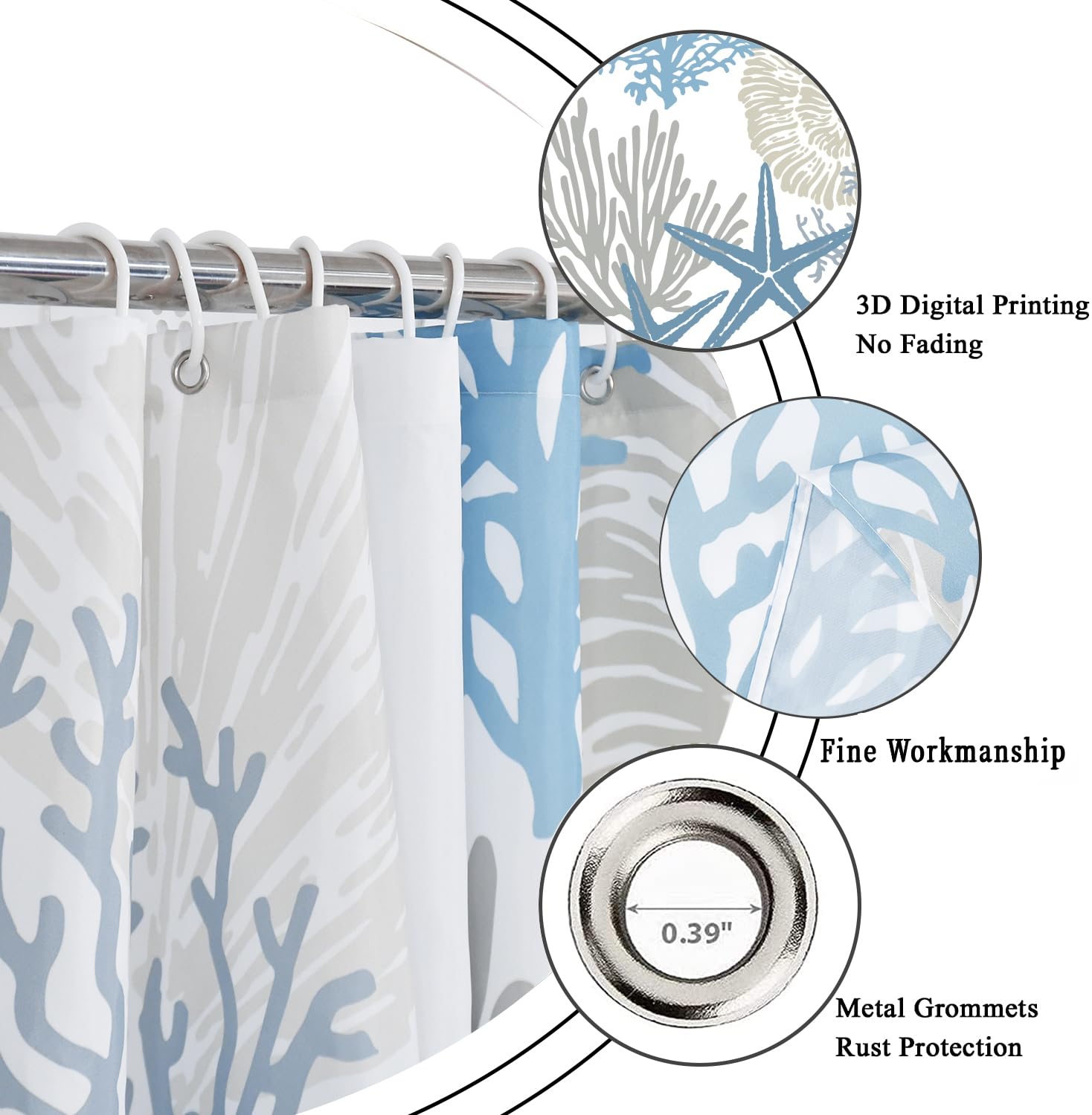 Caheansi Nautical Coastal Shower Curtain, Blue Ocean Beach Seashell Starfish Themed Bathroom Curtain Waterproof Fabric Machine W