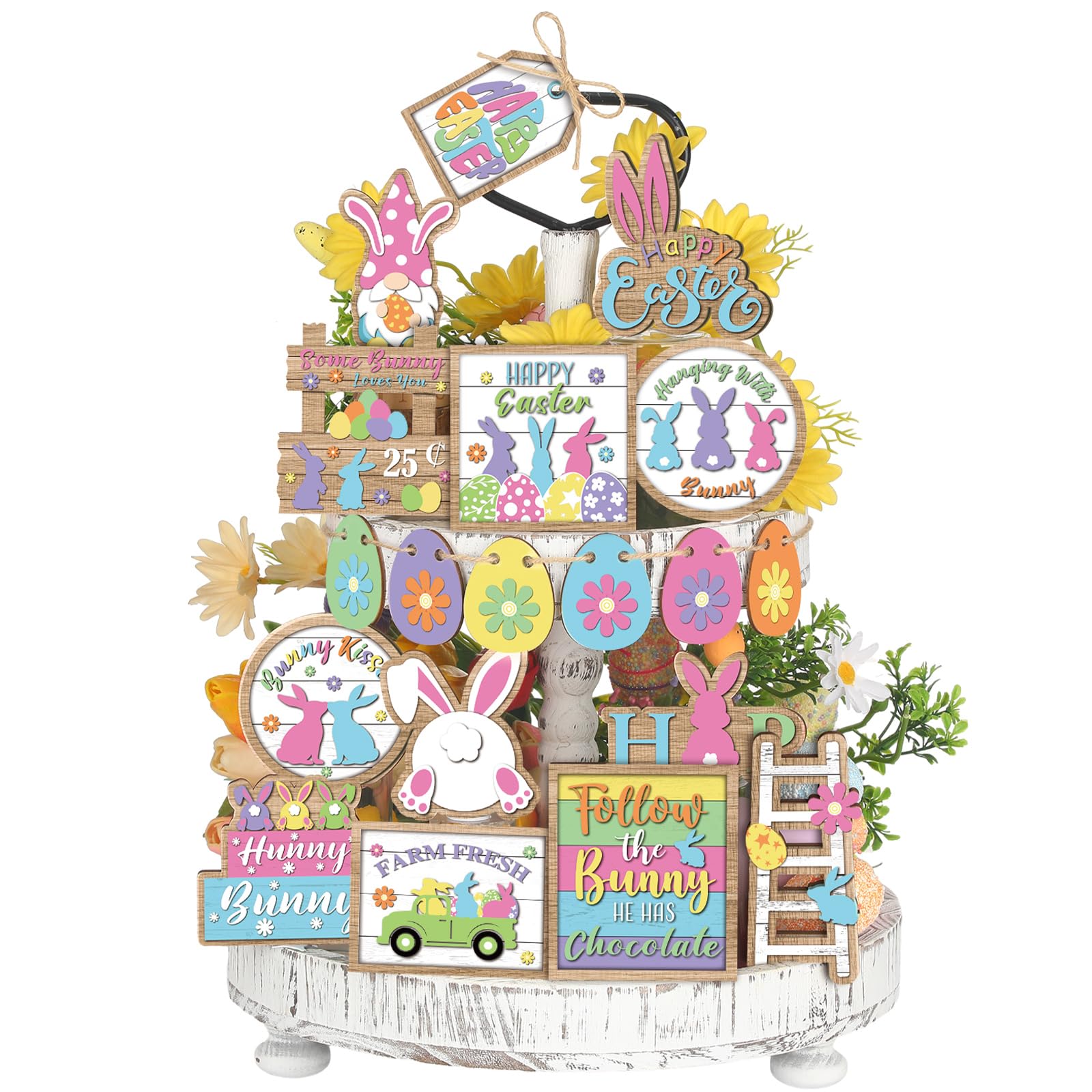 Ziliny 19 Pcs Easter Bunny Tiered Tray Decor Spring Easter Egg Wooden Centerpiece Signs Colorful Easter Wooden Sign Bunny Gnome 