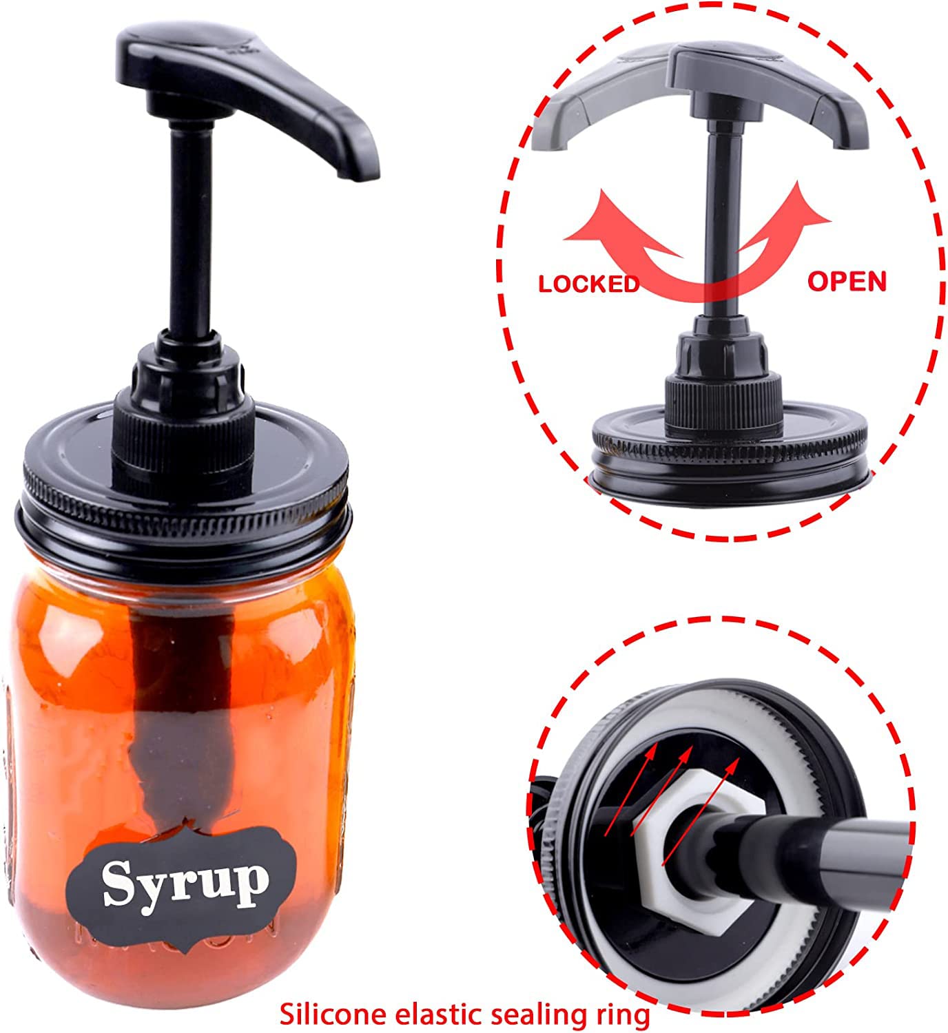 Mason Jar Syrup & Sauce Honey Dispenser Pump Lids For Regular Mouth (2 Pack), Airtight & Leak-Proof Kitchen Food Grade Coffee Sy