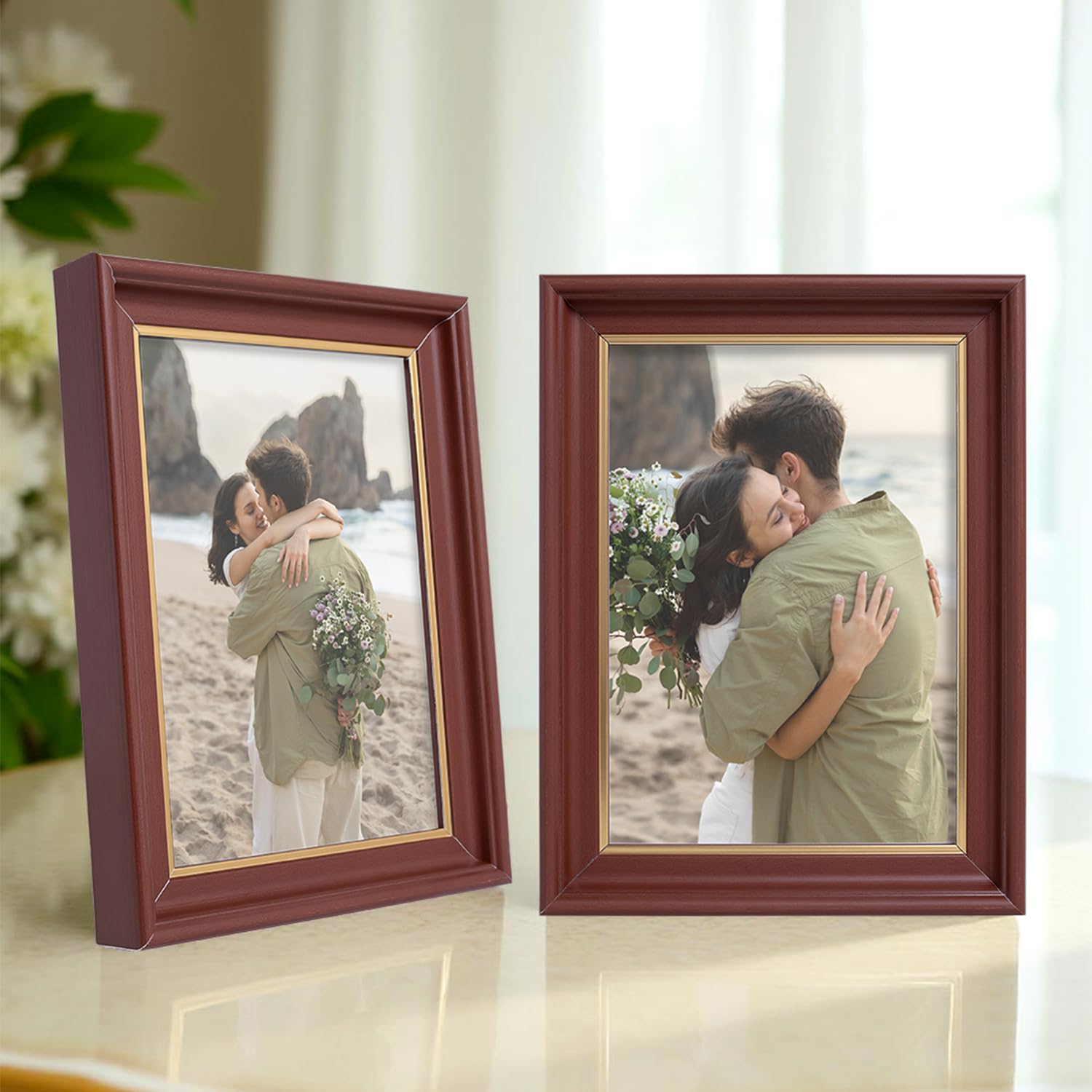 Golden Peacock Set Of 2 5X7 Inch Photo Frames - Rich Congo Brown With Gold Trim | Classic Wall Hanging & Tabletop Picture Frames