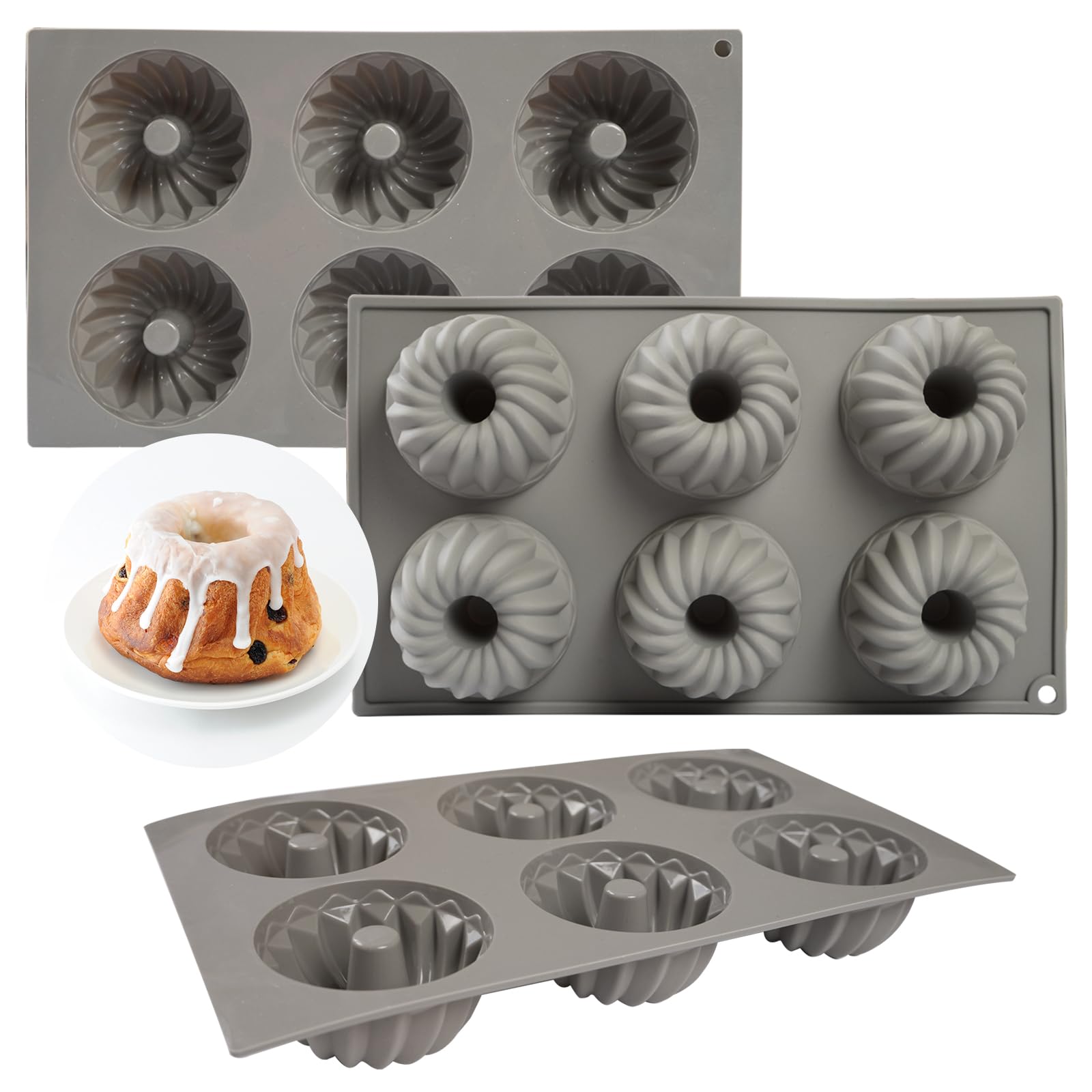 Elesinsoz 3Pcs Mini Bundt Cake Pan, 6-Cavity Thickened Silicone Donut Molds Nonstick Fluted Cake Pans For Baking, Mini Tube Cake